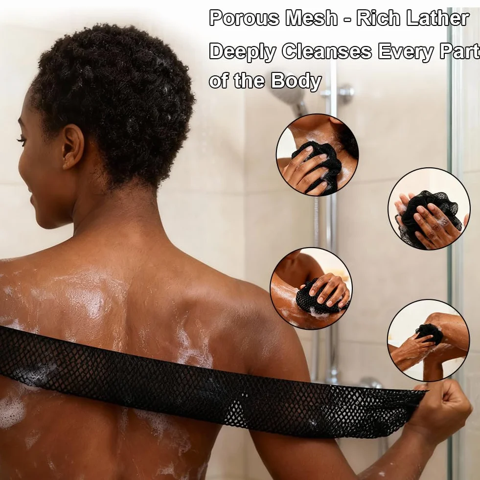 Filet de Douche Africain Éponge à Séchage Rapide Exfoliante pour Hommes Femmes Noir