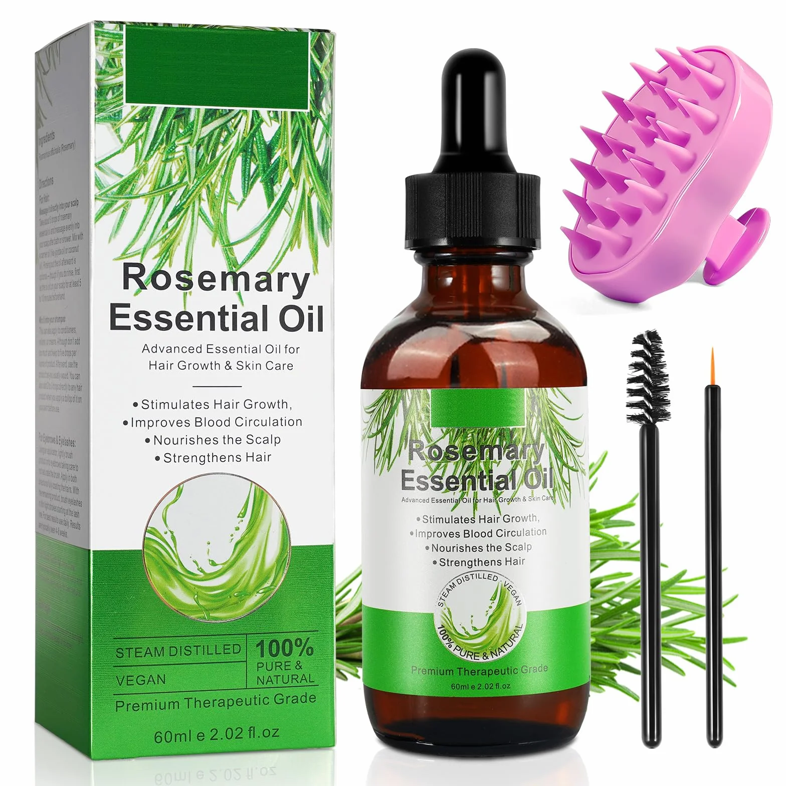 Huile de Romarin 60ml Masseur Cuir Chevelu 100% Pure Essentielle Croissance Cheveux Cils Sourcils