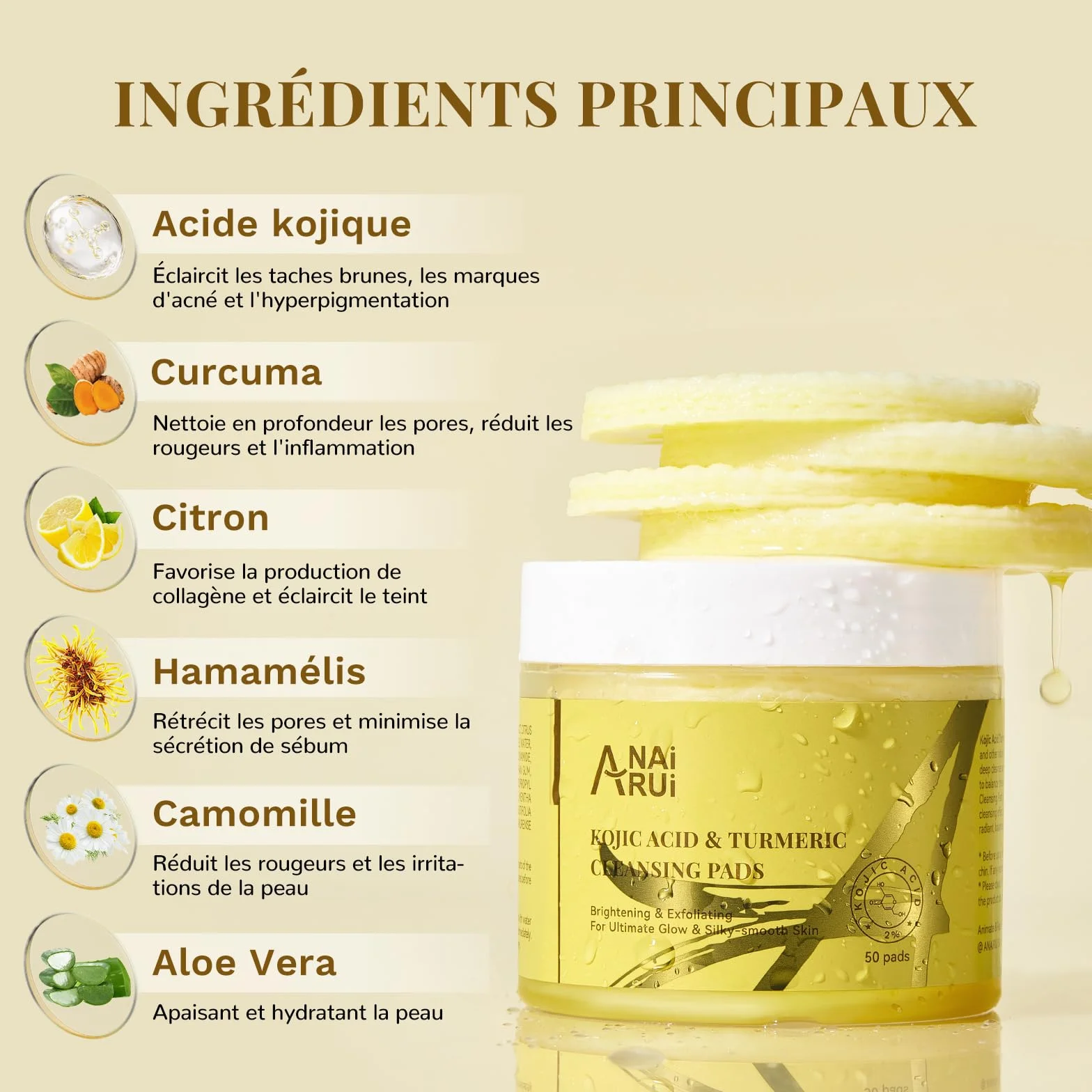 ANAiRUi Tampons Nettoyants Exfoliants Acide Kojique Curcuma Niacinamide Acide Salicylique Traitement Facial Nettoyant Profondeur Réduction Acné Sébum 50 Pièces