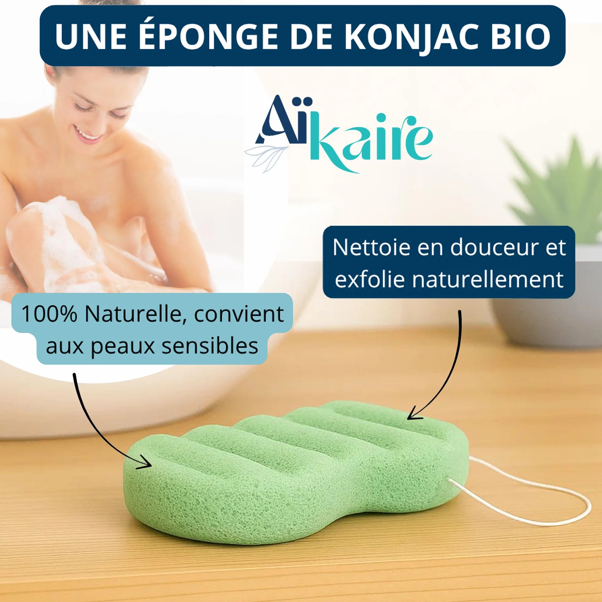 Eponge de Konjac Bio au Thé Vert pour le Corps - Lot de 2 - Exfoliante Végétale Naturelle