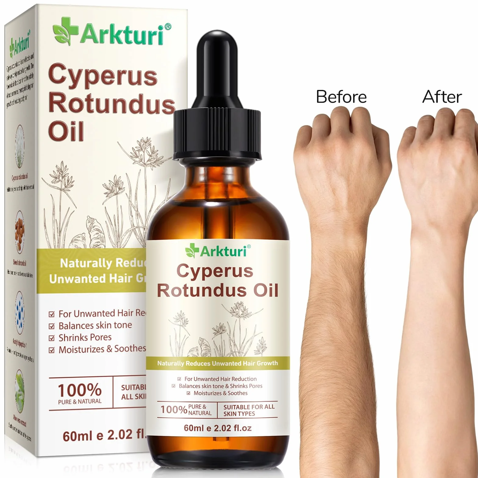 Huile de Souchet Anti Poils 60ml, Huile Cyperus Rotundus Oil, Huile Dépilatoire Naturelle