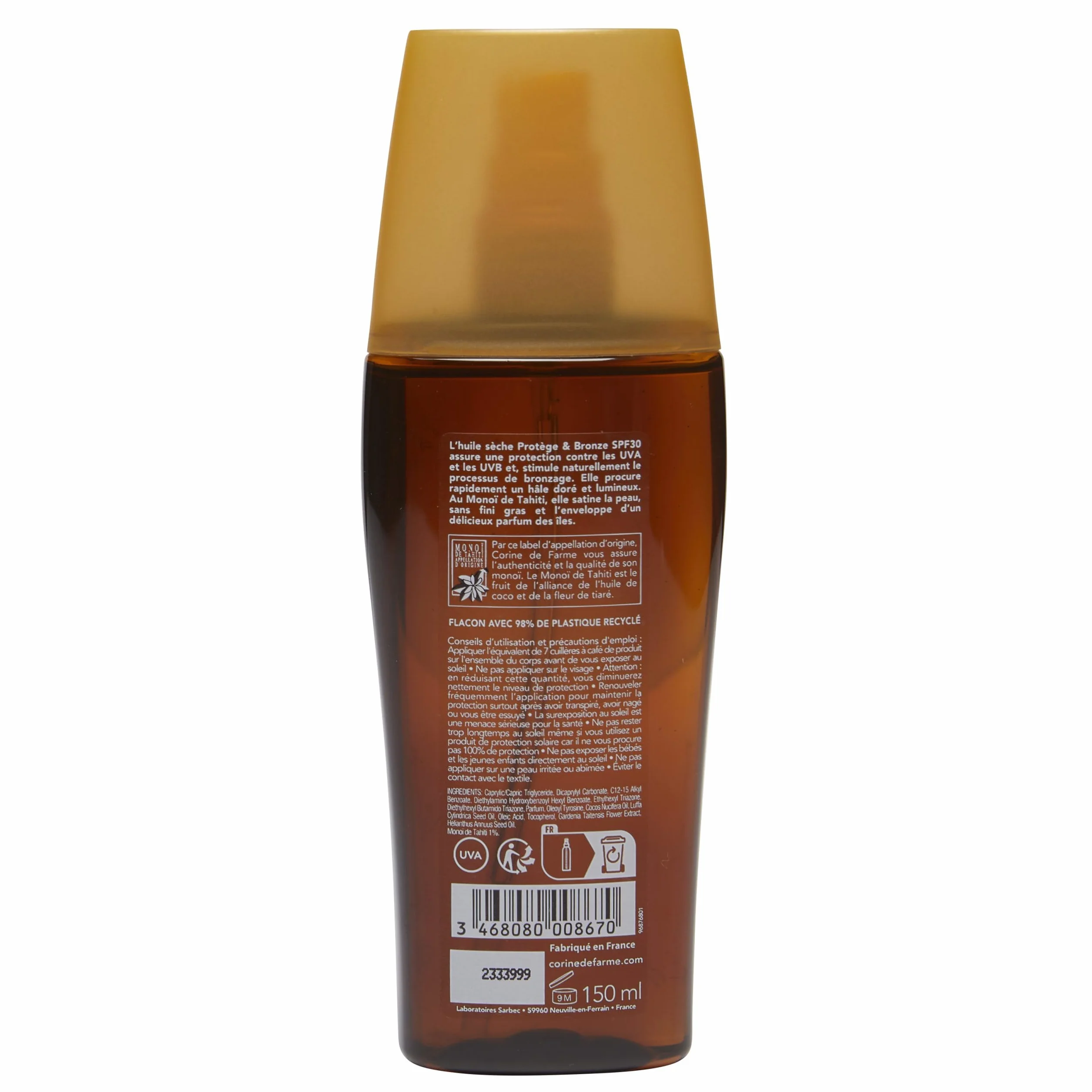 Corine de Farme Huile Sèche SPF30 Protection Solaire UVA UVB Bronzage Monoï de Tahiti 150 ml