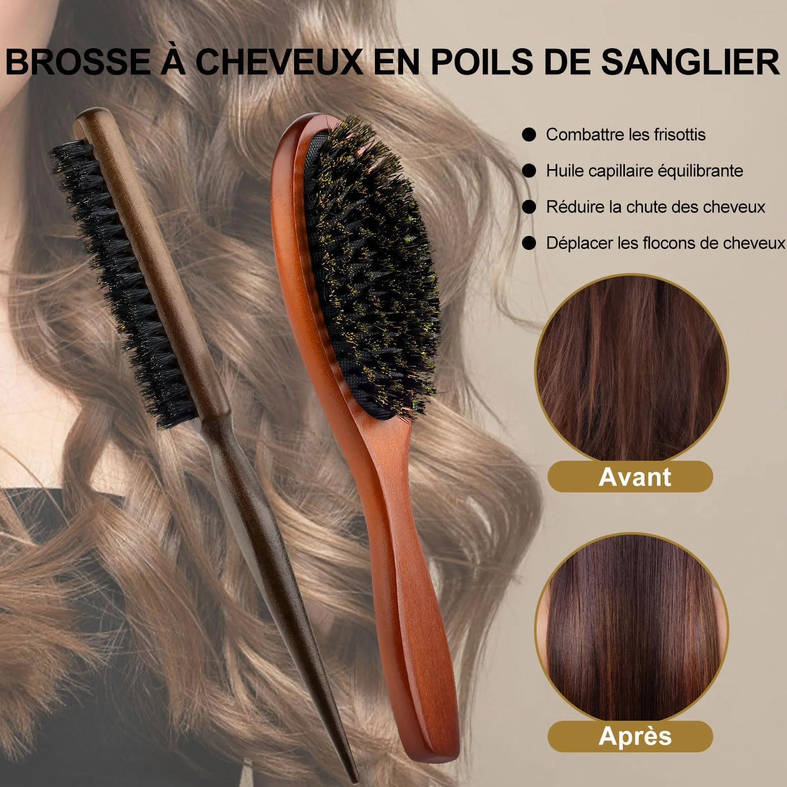 Brosse à Cheveux en Poils de Sanglier Antistatique Anti-Frisottis AISEELY 2 Pièces