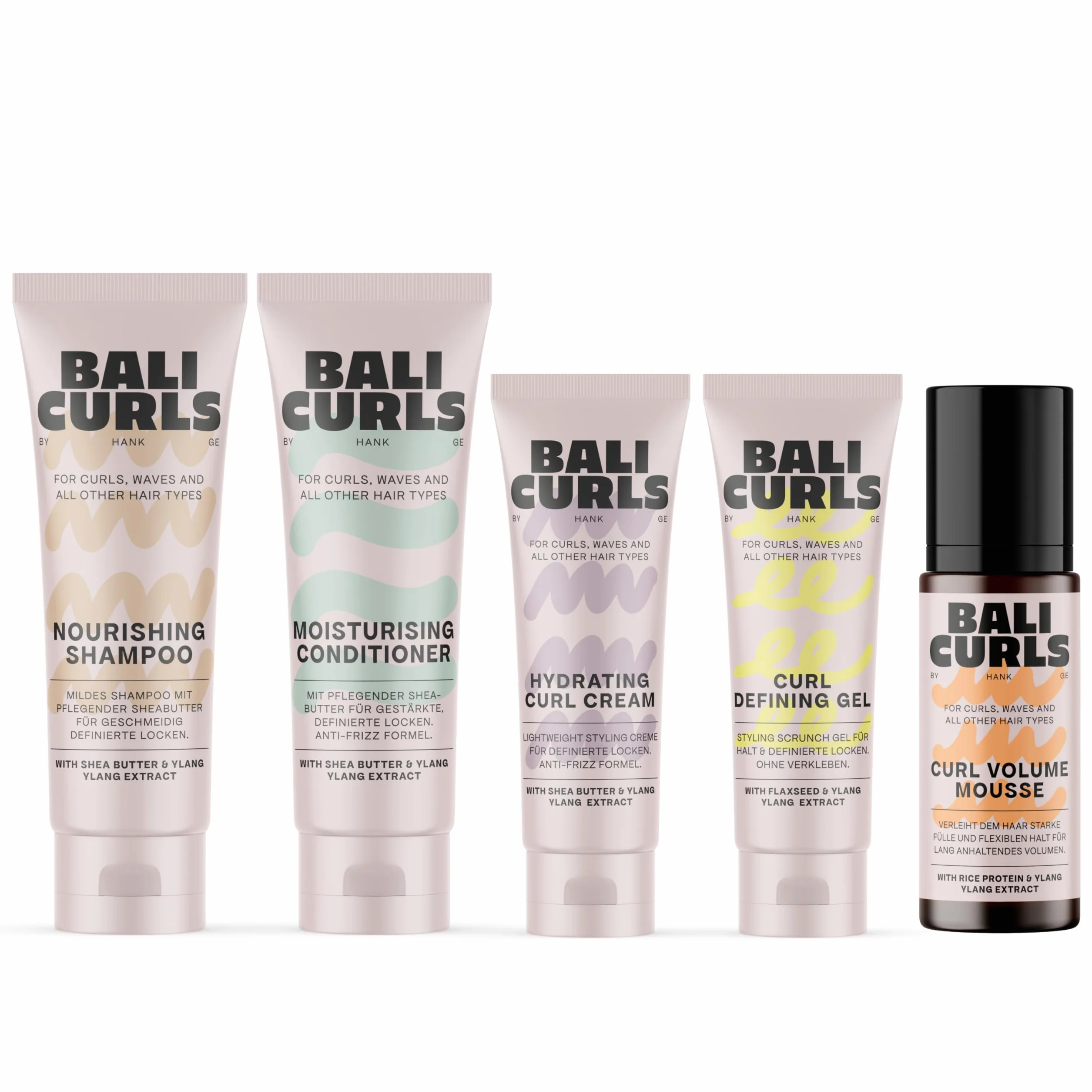 BALI CURLS Curl Travel Kit de 5 – Tailles de voyage pour des boucles définies et saines – Shampoing, après-shampoing, crème curl, gel de finition et mousse – Kit d'entretien compact pour les voyages