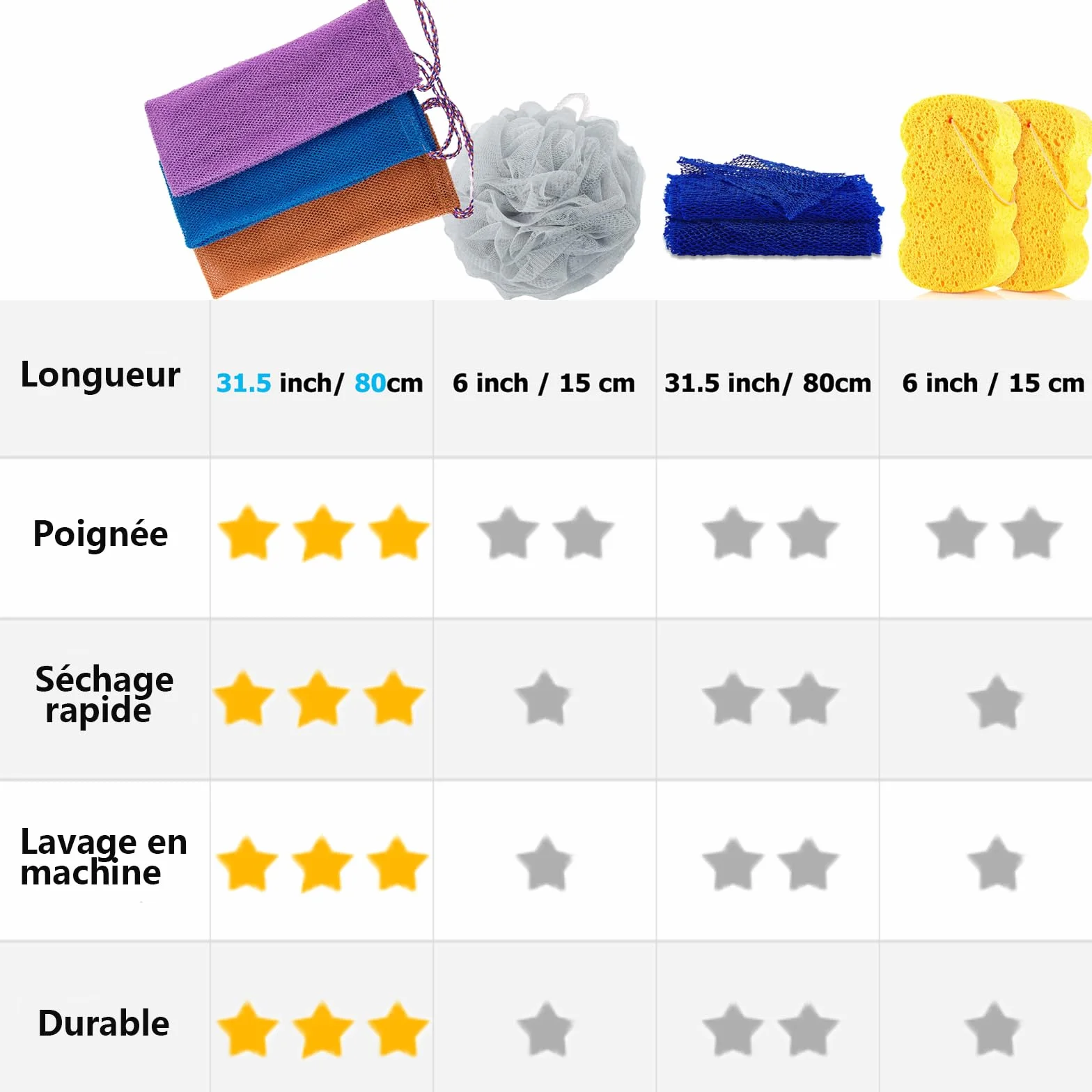 Filet de Bain éponge Exfoliante Gommage Corps 3 Pcs Doux Durable Bleu Violet Marron