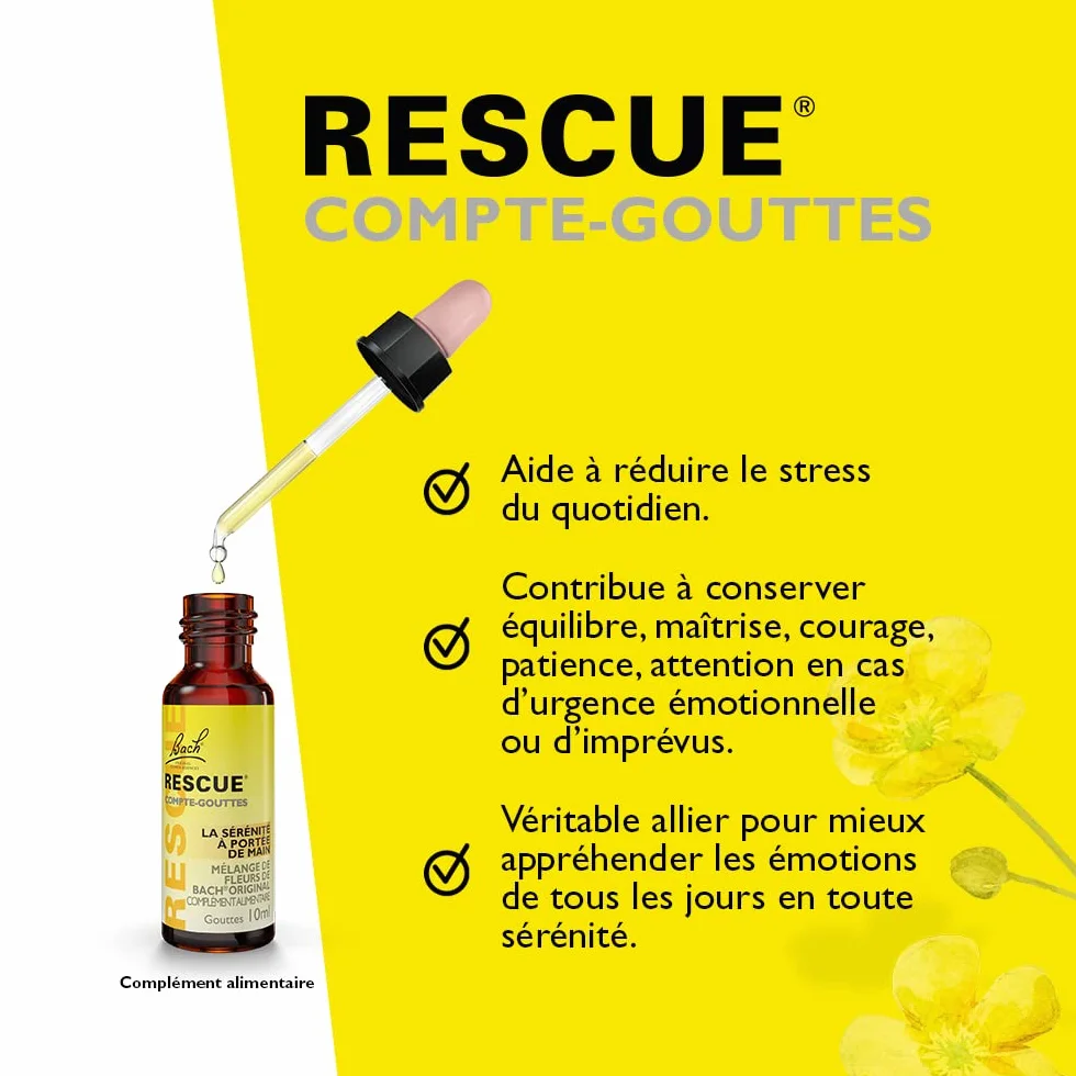 RESCUE Compte-gouttes 10ml 5 Fleurs de Bach Original mélange naturel stress quotidien