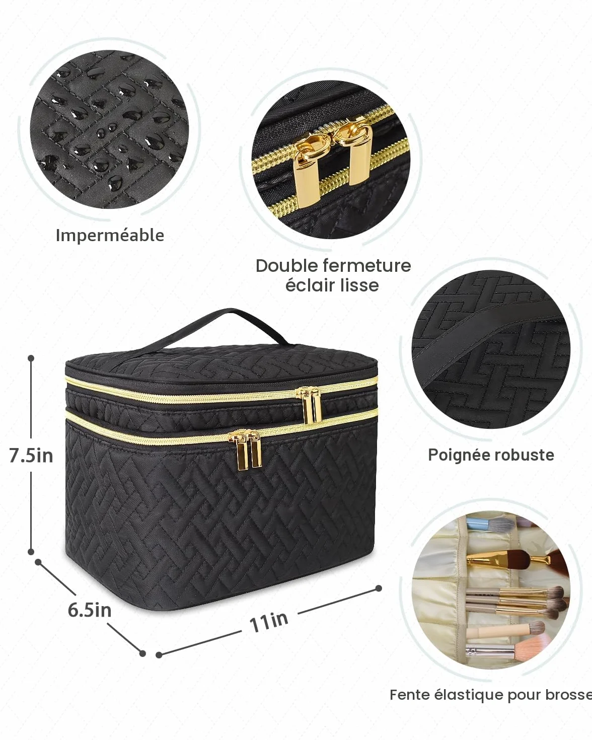 Trousse de Toilette Femme Grande Double Couche avec Compartiment à Pinceaux, Résistante à l'Eau, Noir