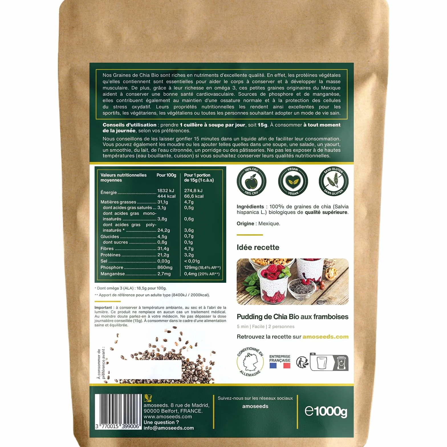 Graines de Chia Bio 1KG Salvia Hispanica Protéines Oméga 3 Fibres