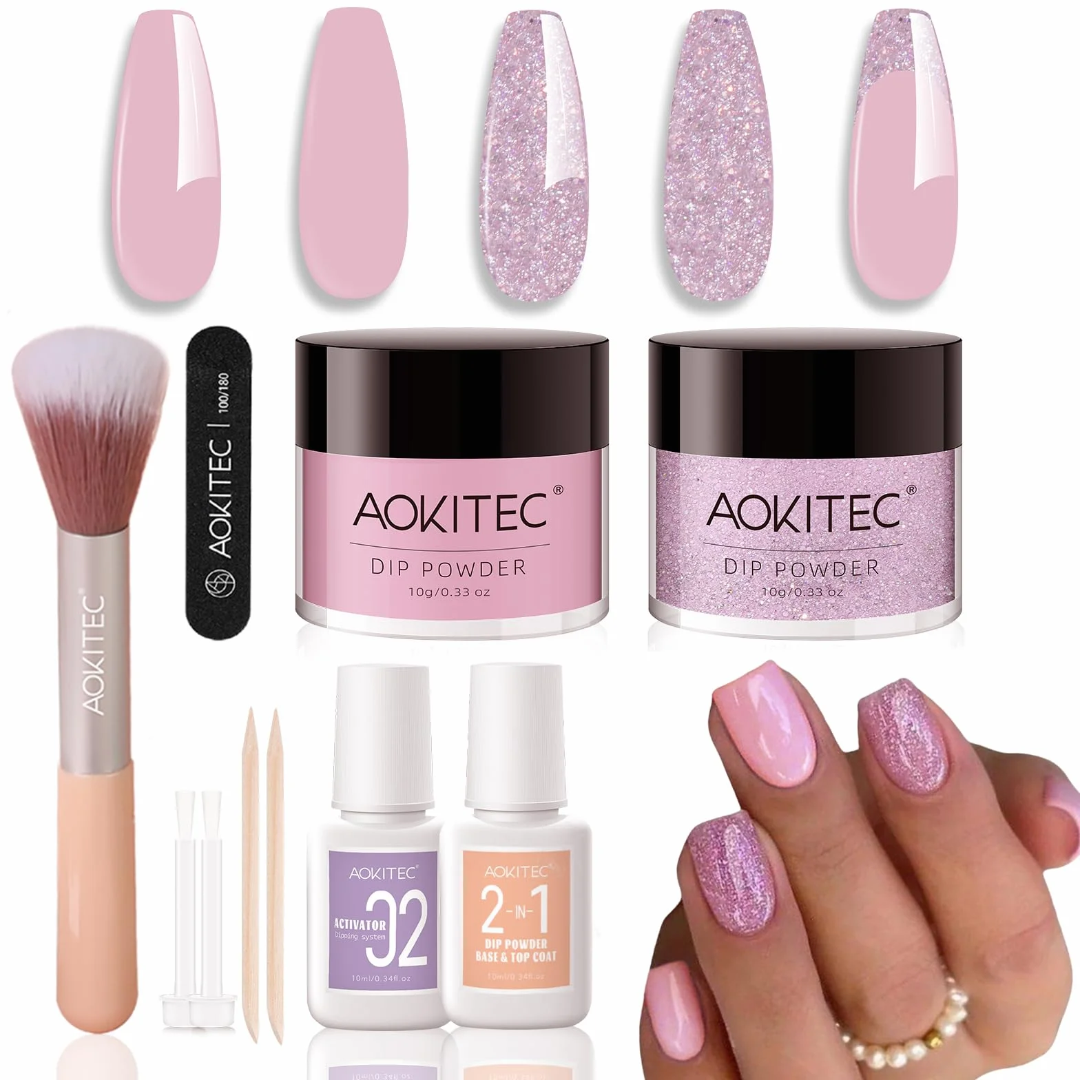 Aokitec Lot de poudres de trempage pour ongles Rose et paillettes avec base liquide