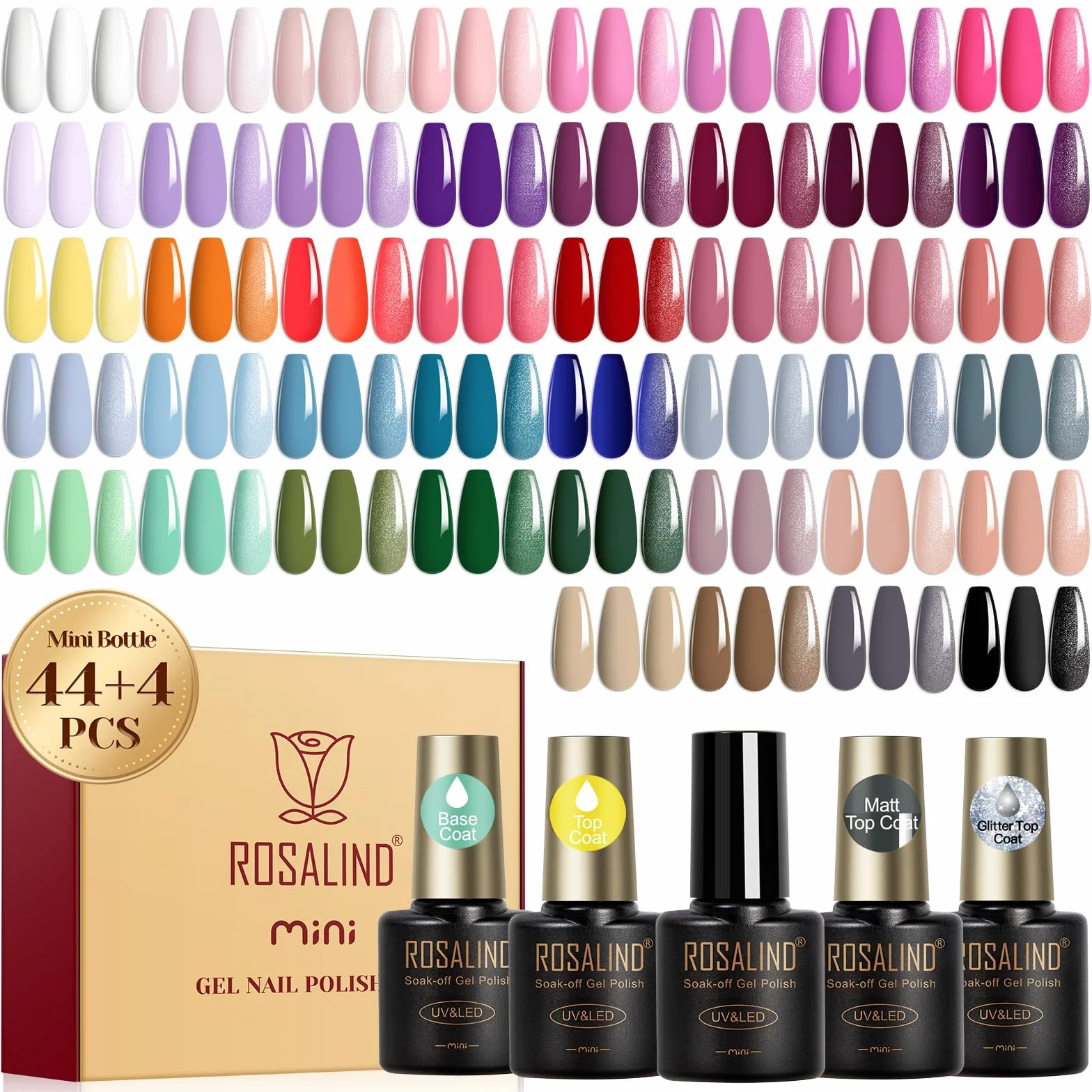 ROSALIND Vernis Semi Permanent 48 Pièces Kit Manucure UV LED Couleurs Gel Blanc Rose Pourpre Jaune Orange Rouge Bleu Gris Vert Marron Noir