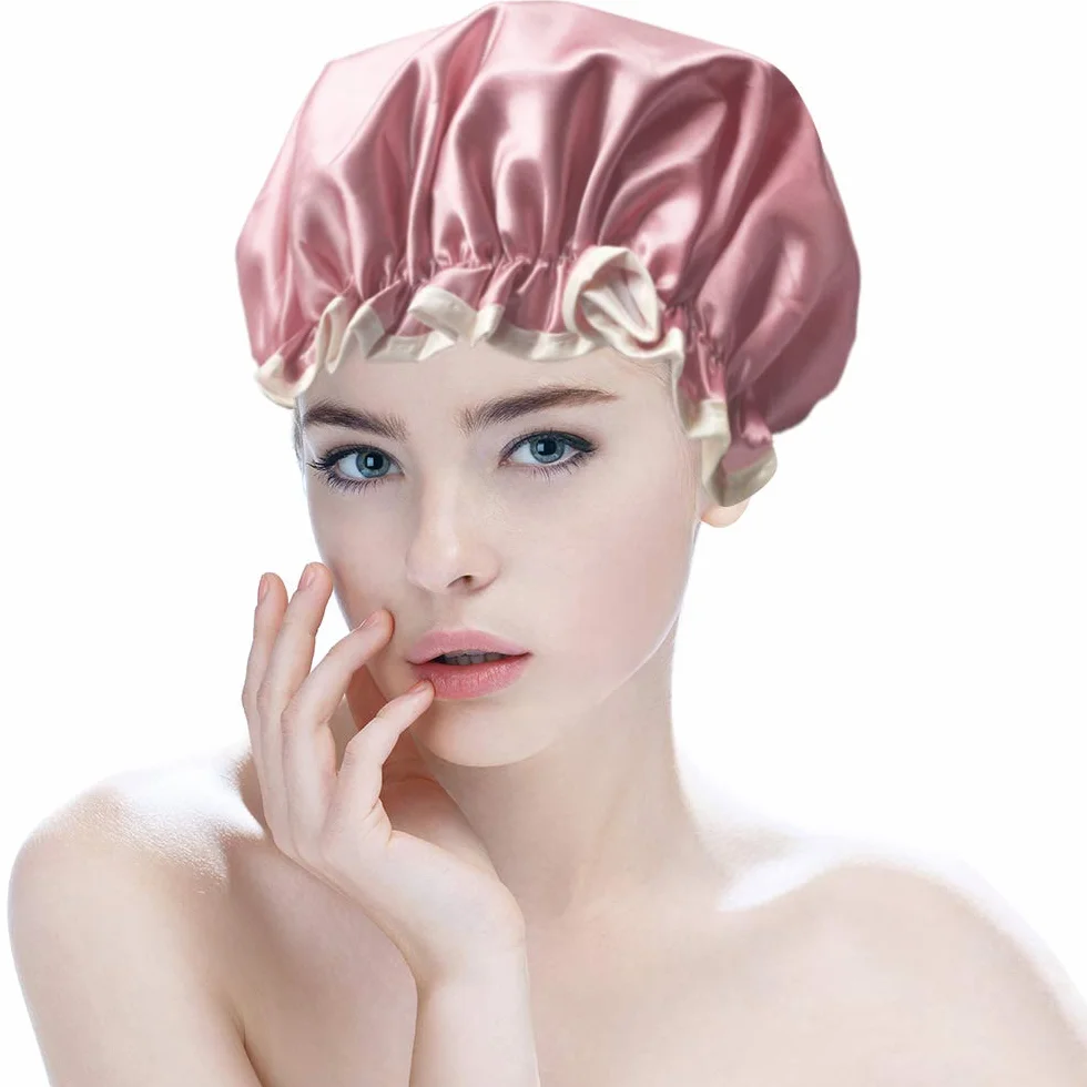 Lot de 2 bonnets de douche imperméables réutilisables double couche élastiques pour femme Rose Gris