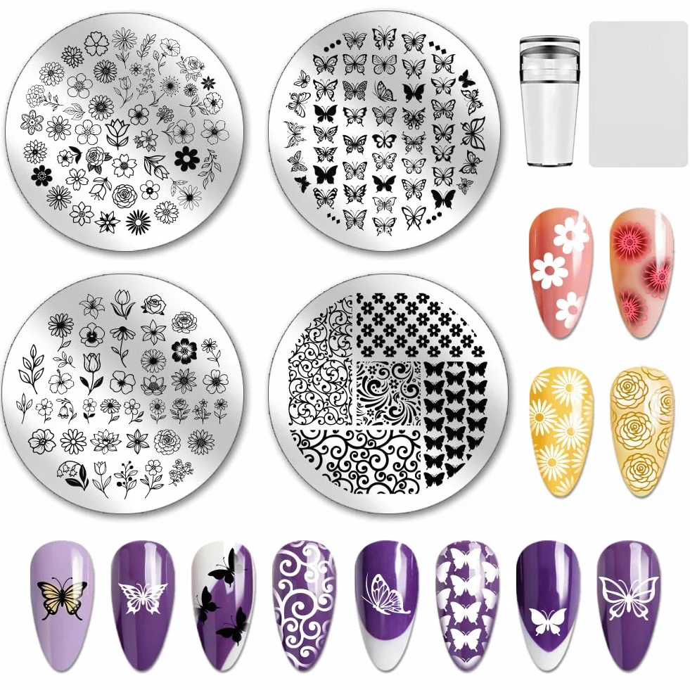 PH PandaHall 4pcs Plaques de Stamping pour Ongles Fleurs Miniatures Pochoirs pour Ongles Petites Feuilles Papillons Modèles de Nail Art Plaque Image Acier Inoxydable avec Outil pour Printemps Manucure