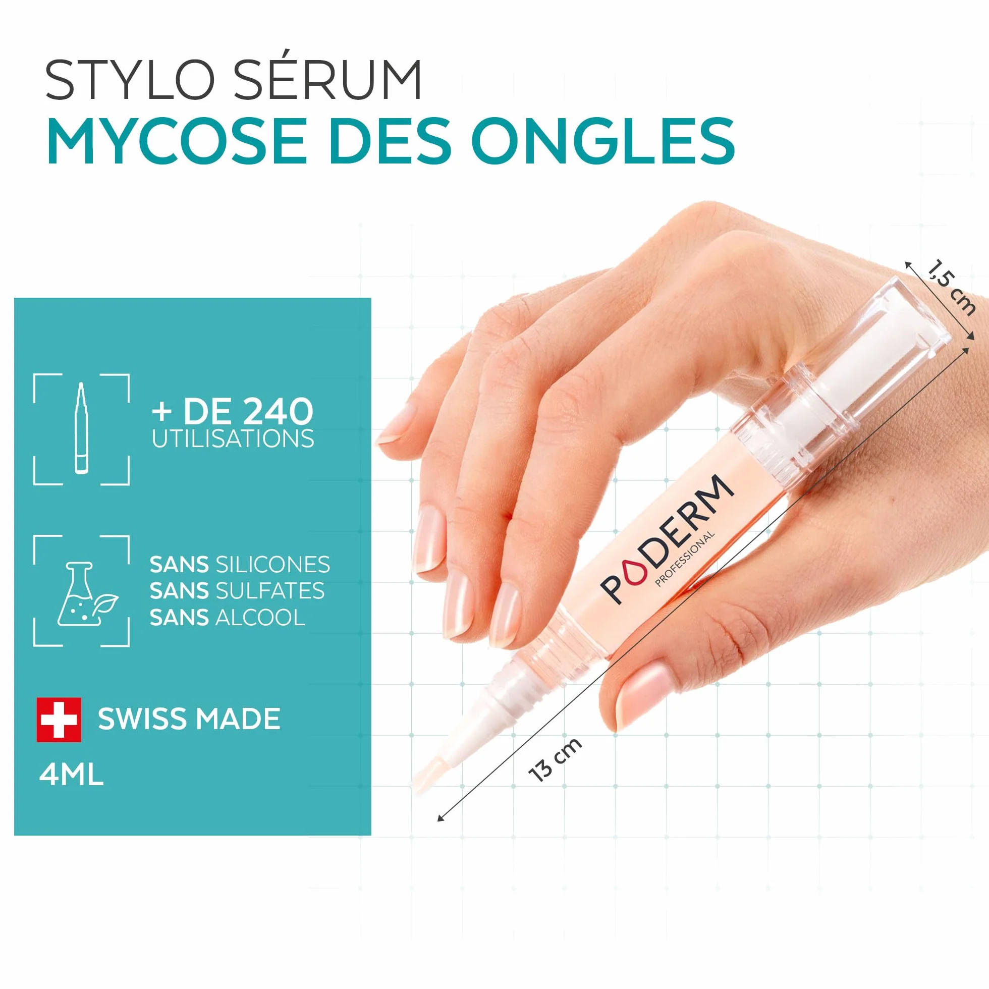 PODERM Stylo Mycose Ongles Des Pieds 4ML – Formule Vegan | Traitement 3en1 Elimine la Mycose | Nail Care Pen | 3 Secondes Par Jour et Résultats Rapides | Créé Par Une Podologue - Fabriqué en Suisse