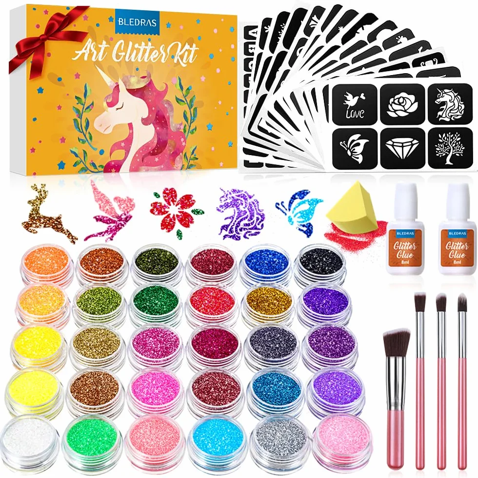 Kit Tatouage Paillettes Enfant- Bledras Tatouage Enfant Filles 30 Couleurs, 147 Pochoir Tatouage, 4 Pinceaux- Tatouage Ephemere Imperméable, Coffret Cadeau Fille, Tatouage Temporaire pour Cosplay