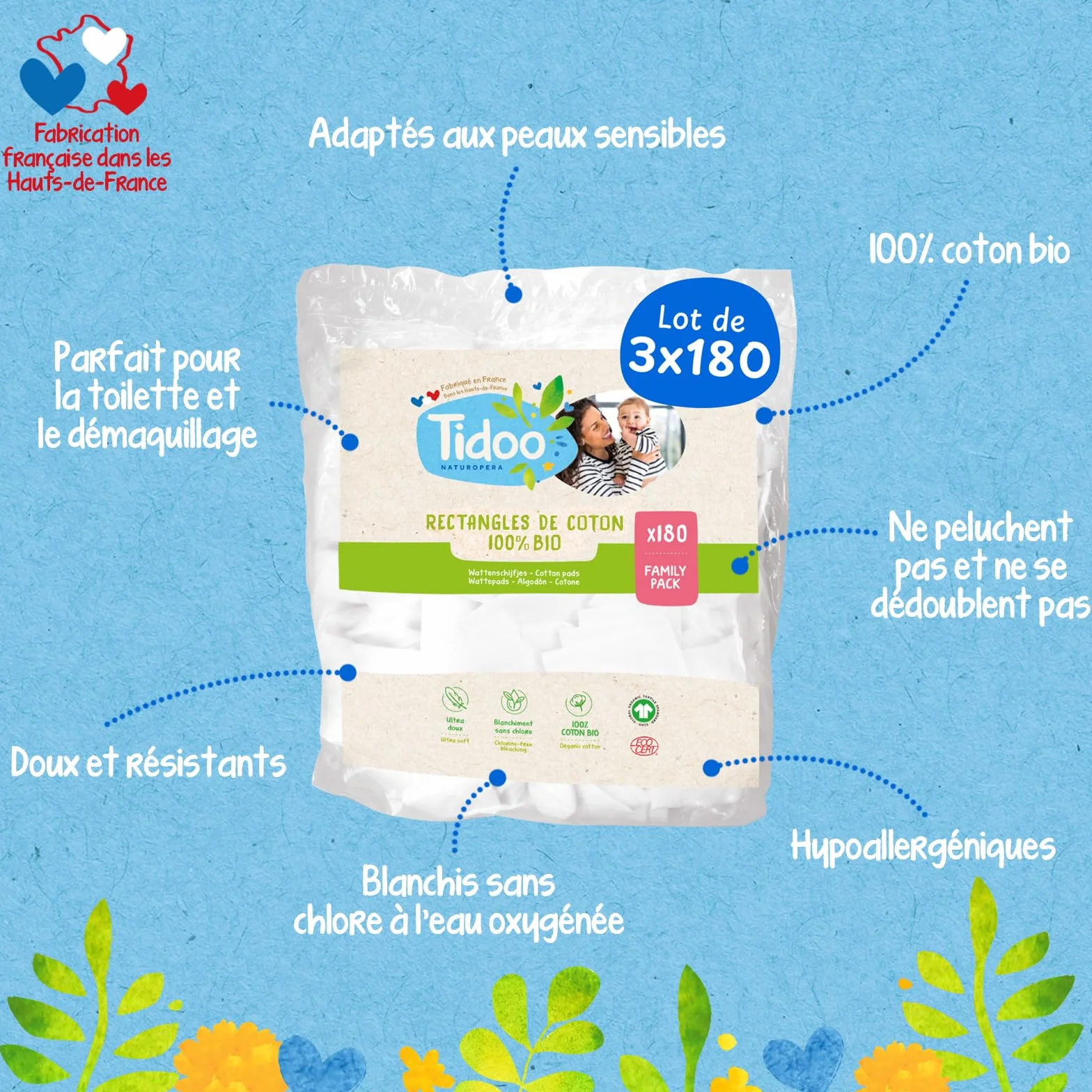 Tidoo 540 Coton Pads Bébé 100% Bio Ultra Doux Hypoallergéniques Peaux Sensibles Fabriqués en France