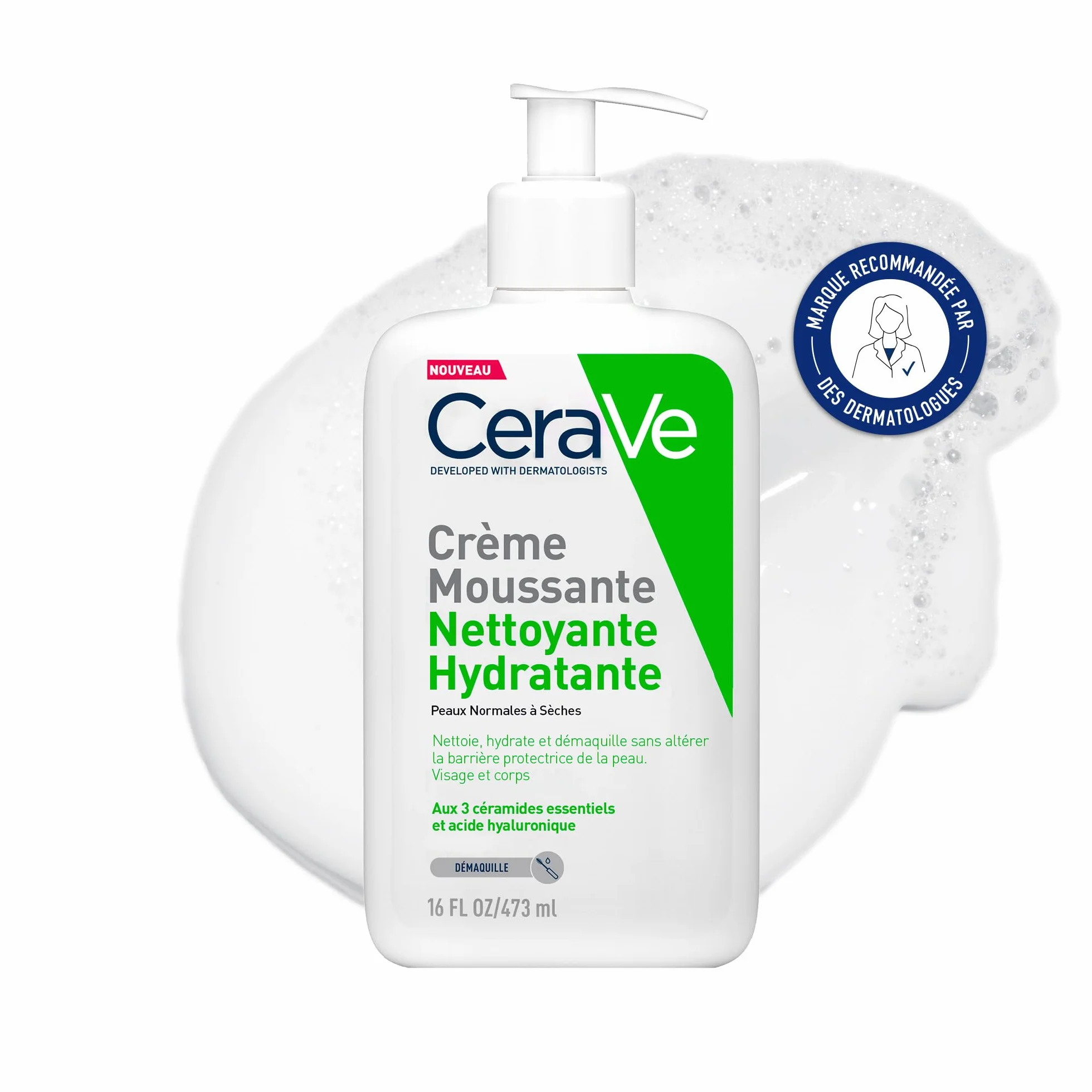 Crème Moussante Nettoyante Hydratante Visage et Corps 473ml Céramides Acide Hyaluronique Peaux Normales à Sèches