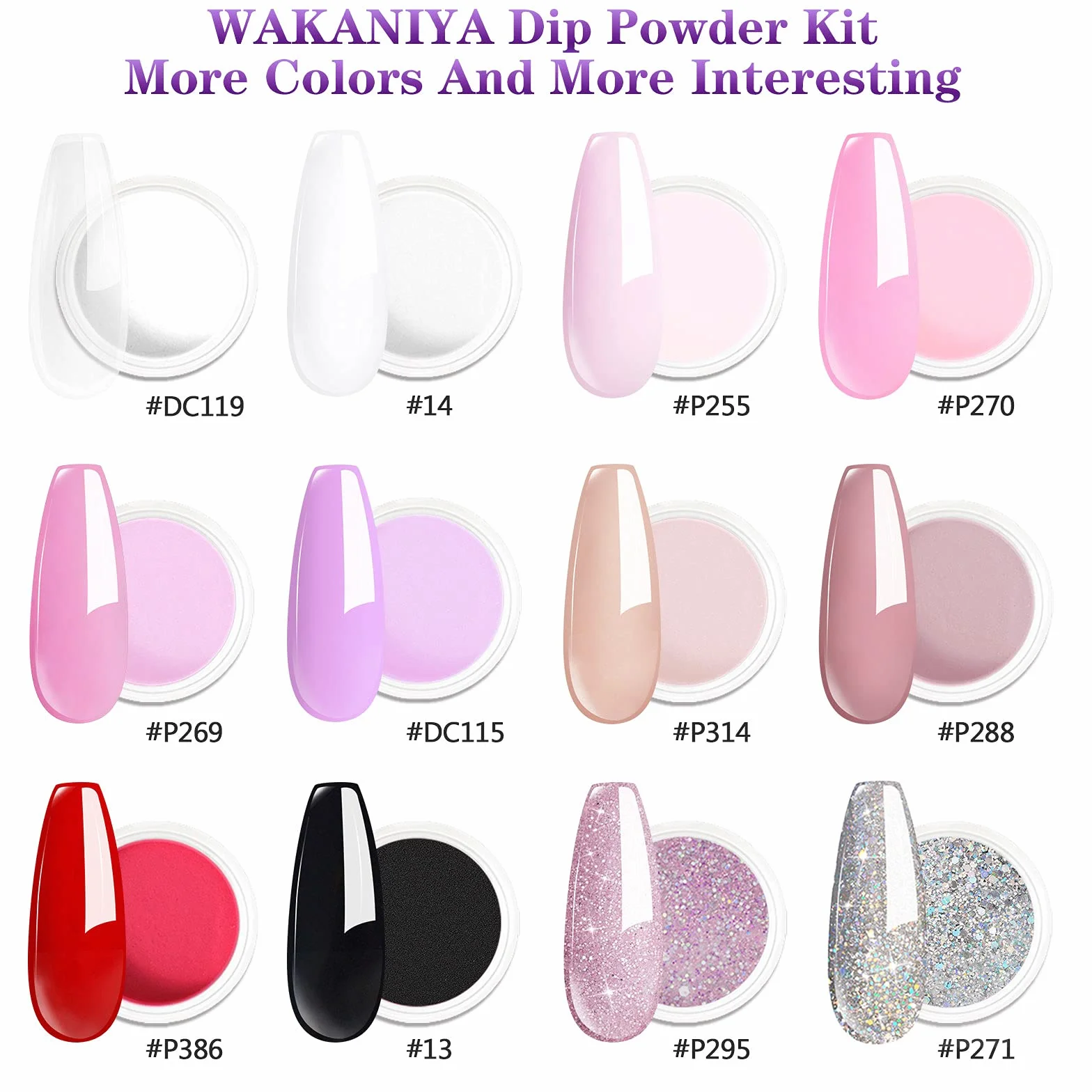 Kit de Poudre à Ongles 34Pcs 12 Couleurs Dip Powder Noir Blanc Paillette Acrylique Transparente avec Base Finition Activateur Pinceau Nail Art Manucure