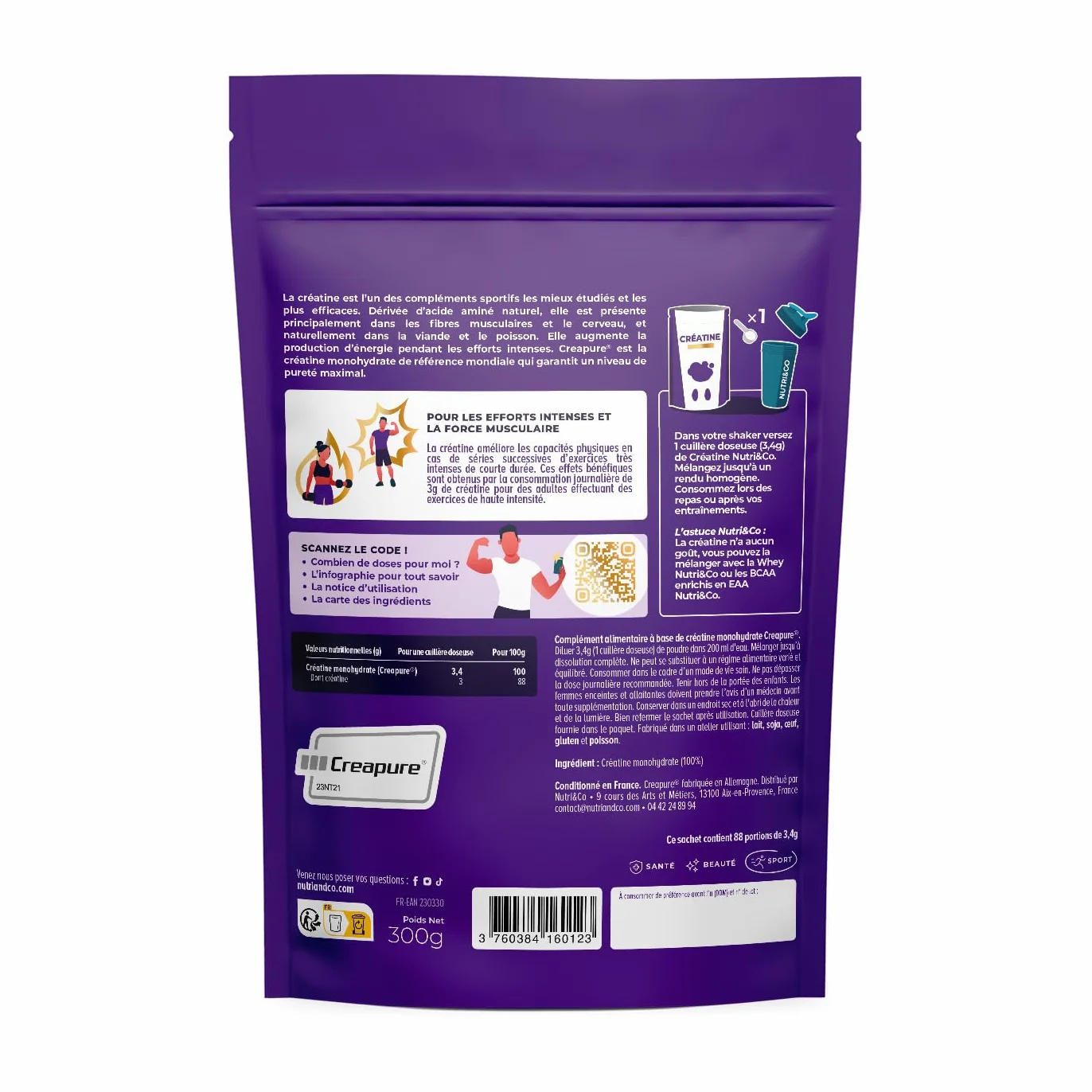 NUTRI & CO Créatine Monohydrate Creapure® Poudre 300g Goût Neutre 88 Portions Vegan 100% Pure