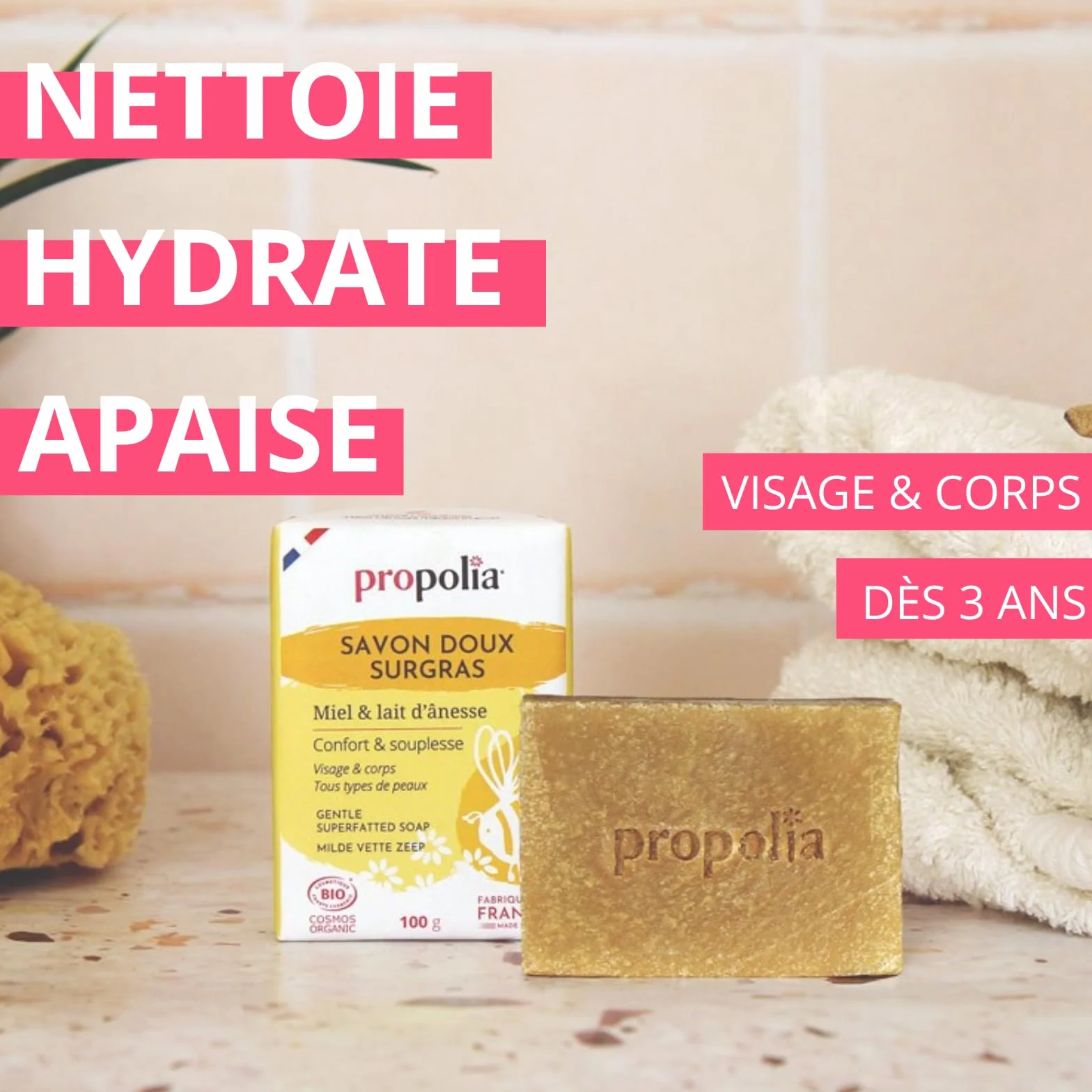 PROPOLIA Savon Doux Surgras Visage Corps Miel Lait d’Ânesse 100g Peaux Sensibles