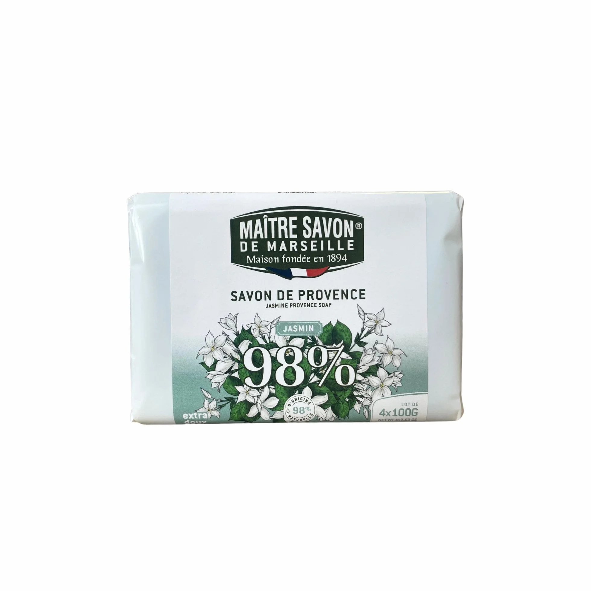 Savon de Marseille Lot de 4 Extra Doux Jasmin 100g Huiles Végétales 98% Naturel Hygiène Mains Corps Fabriqué Marseille