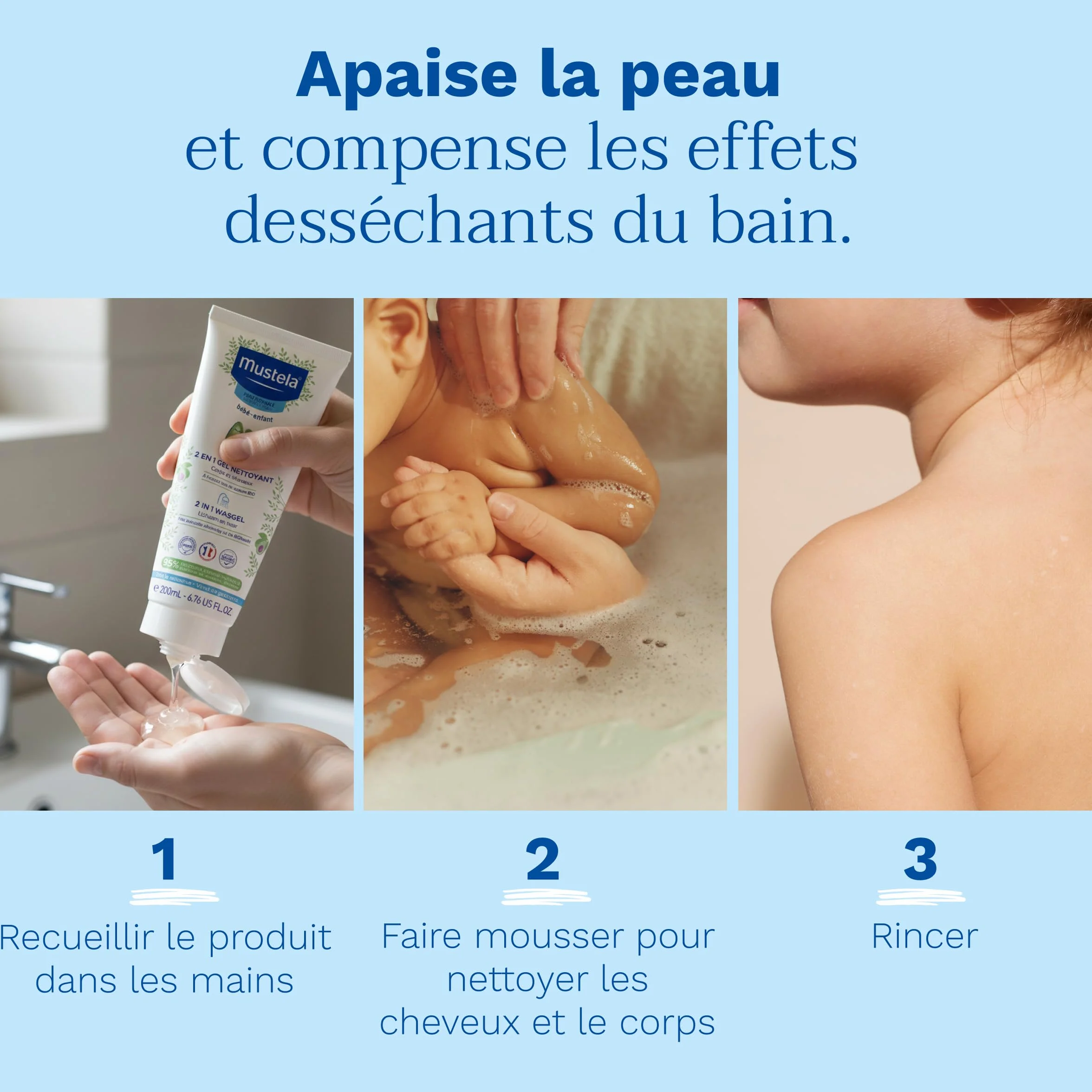 Mustela Gel Nettoyant 2 en 1 Bébé à l'Avocat Bio 200ml Shampoing Corps et Cheveux Sans Piquer les Yeux