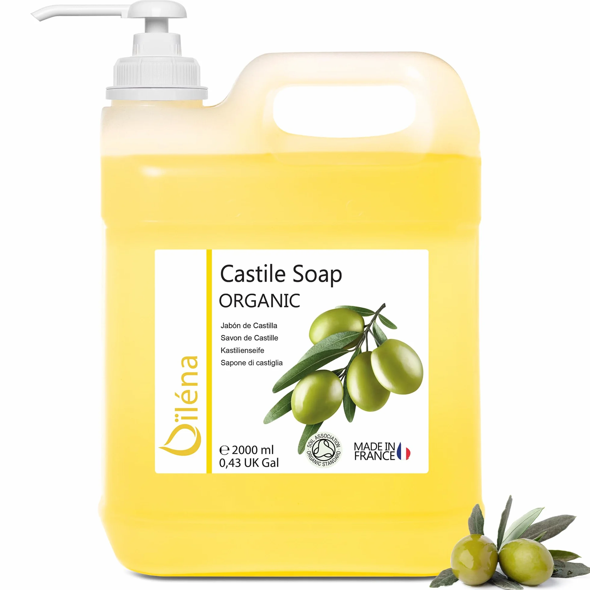 Savon Liquide Bio de Castille, Huile d'Olive, Multi-usage | Sans Parabènes/Silicones | Vegan, Écologique | Pour Peaux Sensibles, 2000 ml