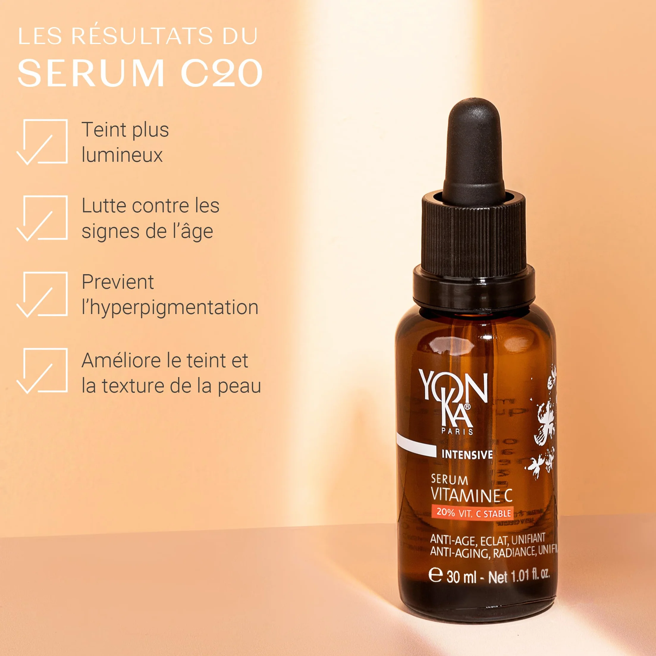 Yonka Sérum Vitamine C 30ml - Texture Huile - Anti-Âge, Éclat et Unifiant Illumine et Réduit les Taches - 20% de Vitamine C Stable - 99,9% d’Ingrédients d’Origine Naturelle
