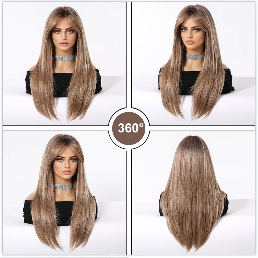 Esmee Perruque Blond Cendré Longue et Droite pour Femmes Perruque à Frange en Cheveux Synthétiques pour Soirée Cosplay Quotidienne