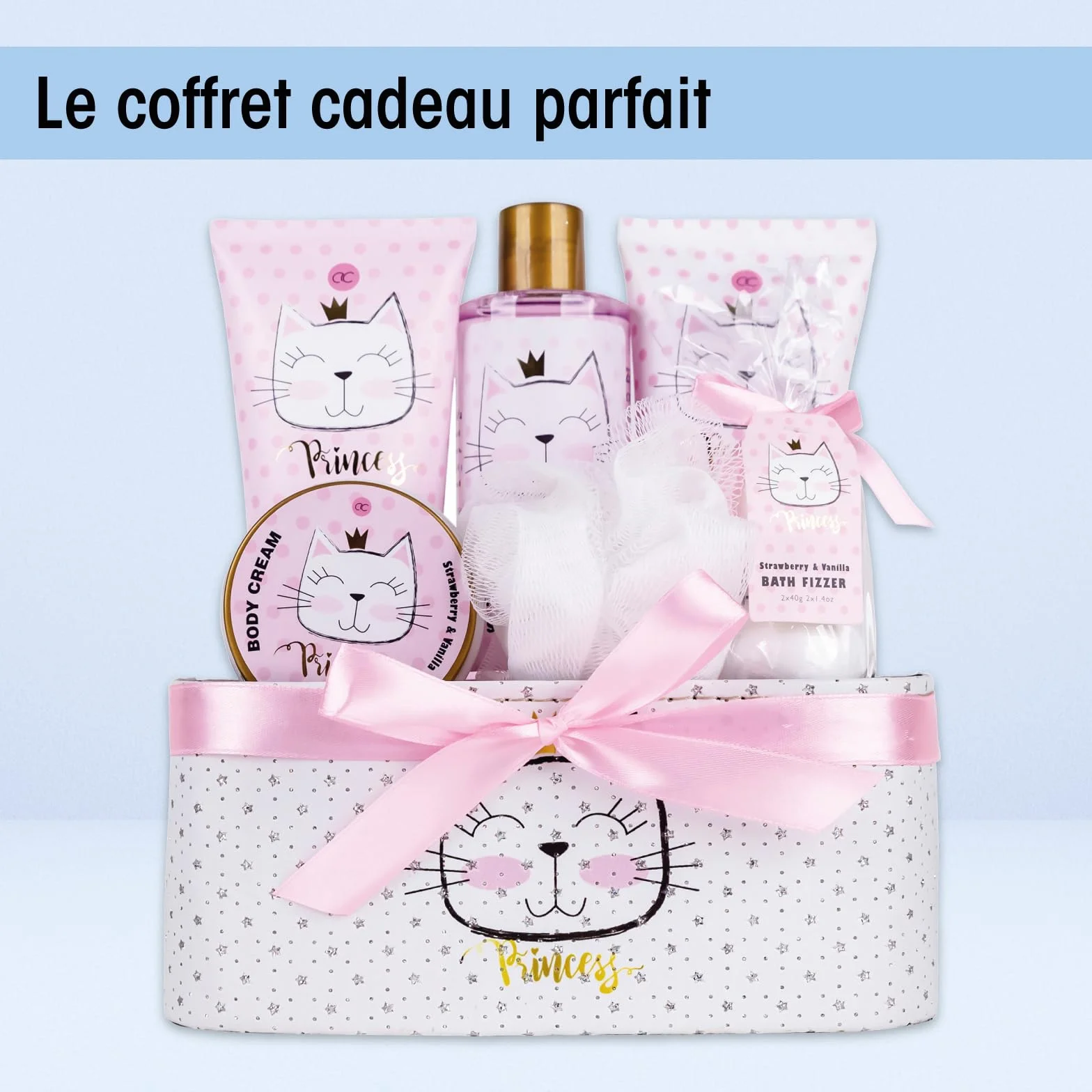 Accentra Coffret cadeau PRINCESS KITTY, coffret cadeau fille avec 250 ml gel douche, 180 ml lait corps, 180 ml gommage corps, 60 ml crème corps, 2 x 40 g bombe de bain, joli panier rose à offrir