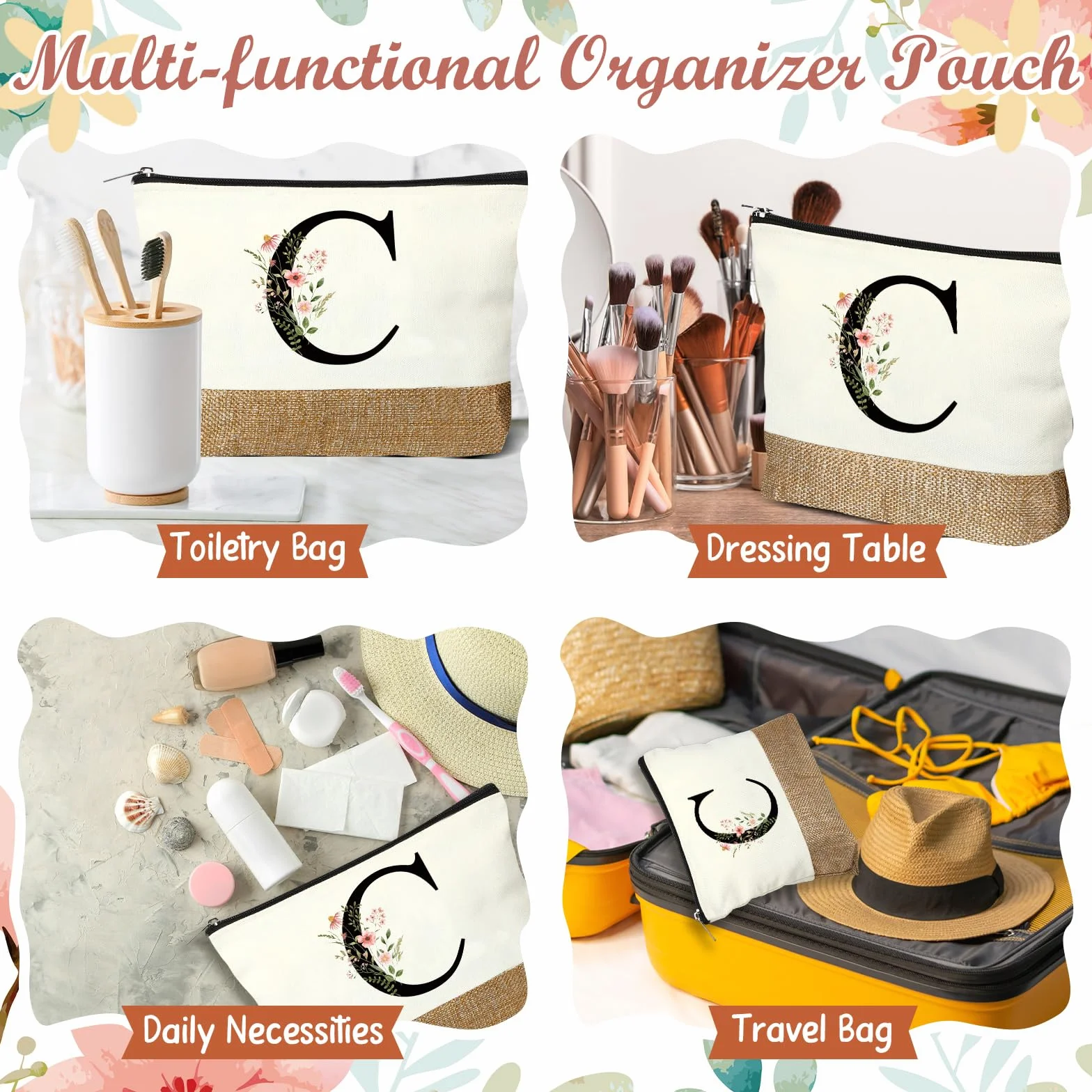 Lot de 3 Cadeaux pour Femmes Maman avec Initiale Florale Trousse de Maquillage Porte-Clés Stylo à Bille Anniversaire (Lettre C, Blanc, Bois)