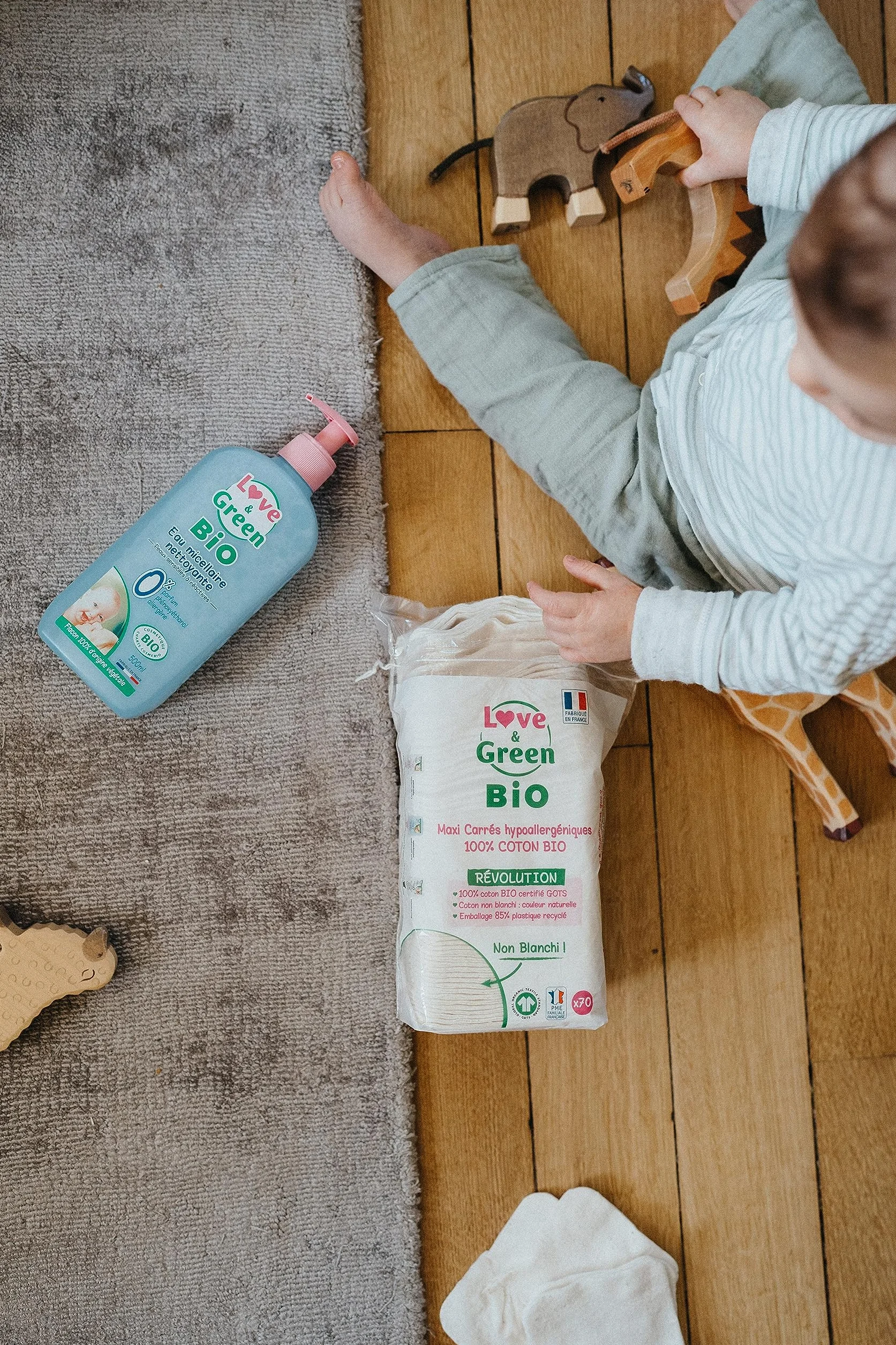 Love & Green Cotons Maxi Carrés Hypoallergéniques x70 Change et Toilette Bébé 100% Bio Fabriqués en France