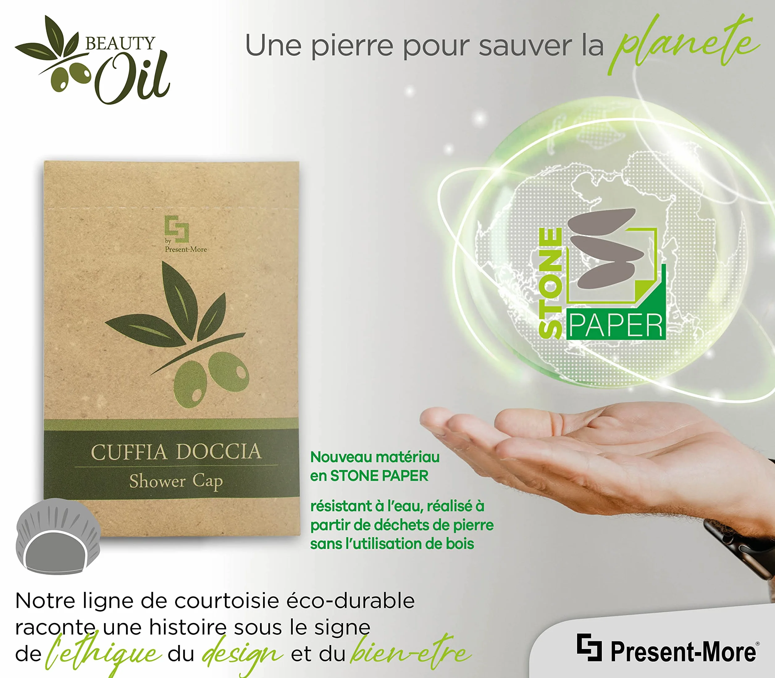 PRESENT-MORE Bonnet Douche 250 Pièces Polyéthylène Élastique Emballage Écologique Stone Paper