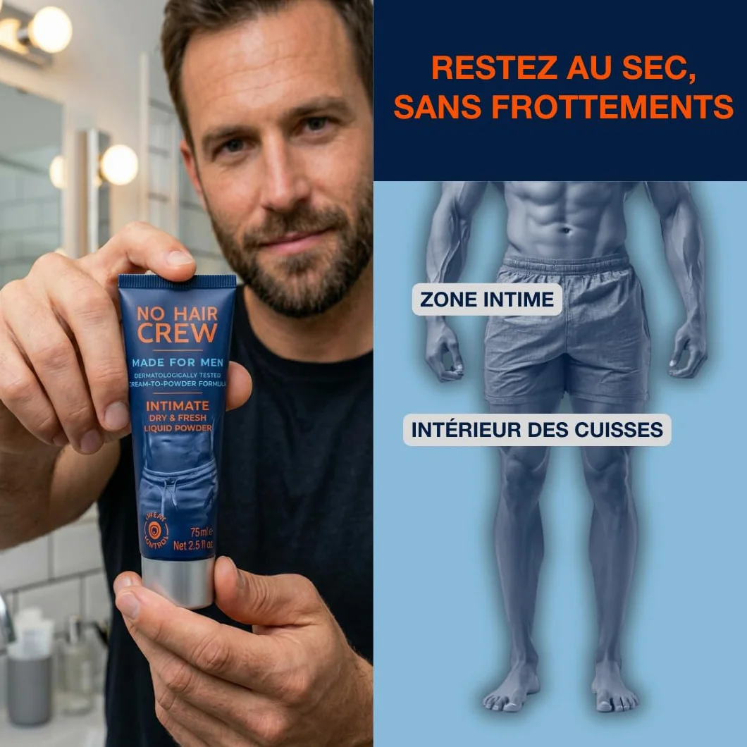 NO HAIR CREW Poudre Liquide Homme 75 ml – Crème anti-frottements pour zones intimes, aine et cuisses – Contrôle transpiration & odeurs