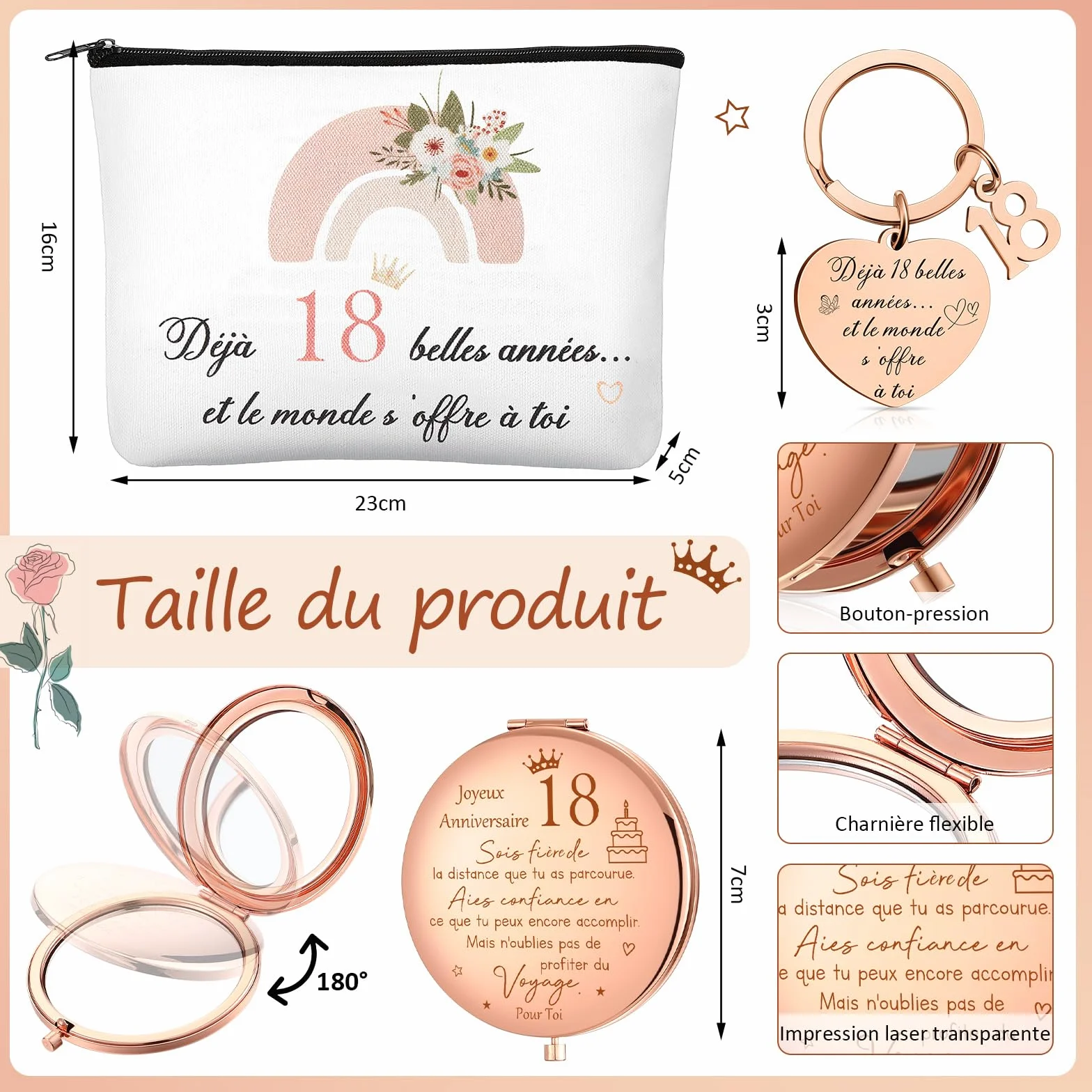 Trousse de Toilette avec Fermeture Éclair et Porte-Clés Cadeau pour 18 Ans Fille