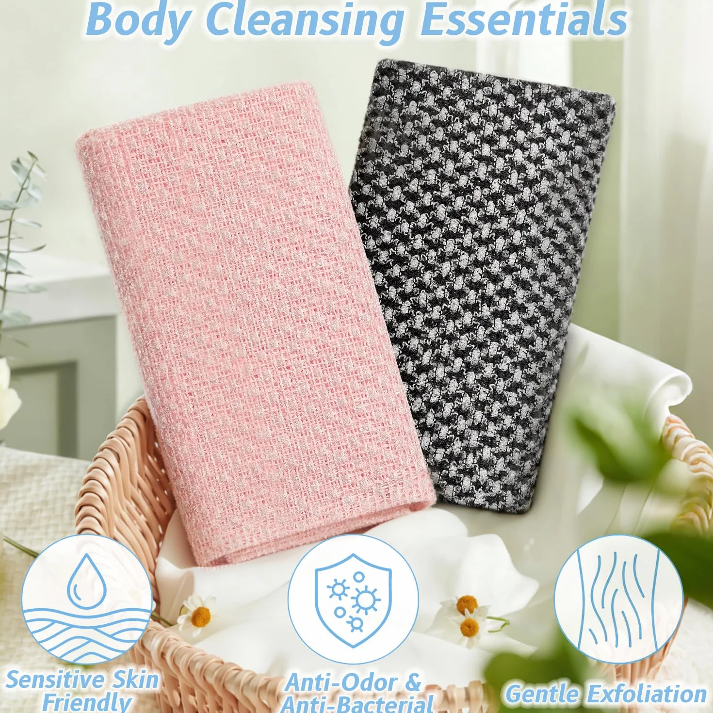 Serviette Exfoliante en Maille Longue 25 x 100 cm pour le Dos Hommes Femmes Noir Rose