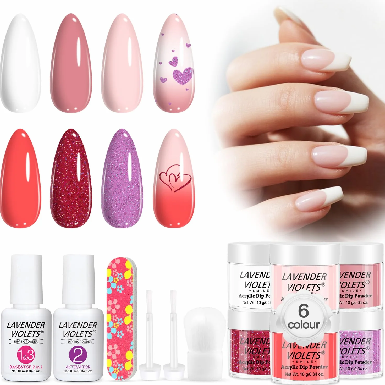 Lavender Violets 6 Couleurs Acrylique Trempage Poudre Système French Nail Art Dip Powder Manucure 2 En 1 Base, Activateur De Vernis De Finition