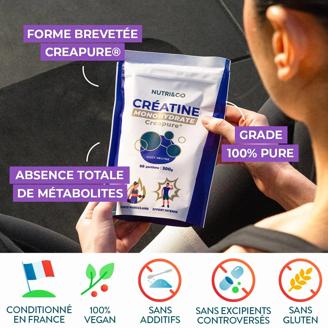 NUTRI & CO Créatine Monohydrate Creapure® Poudre 300g Goût Neutre 88 Portions Vegan 100% Pure