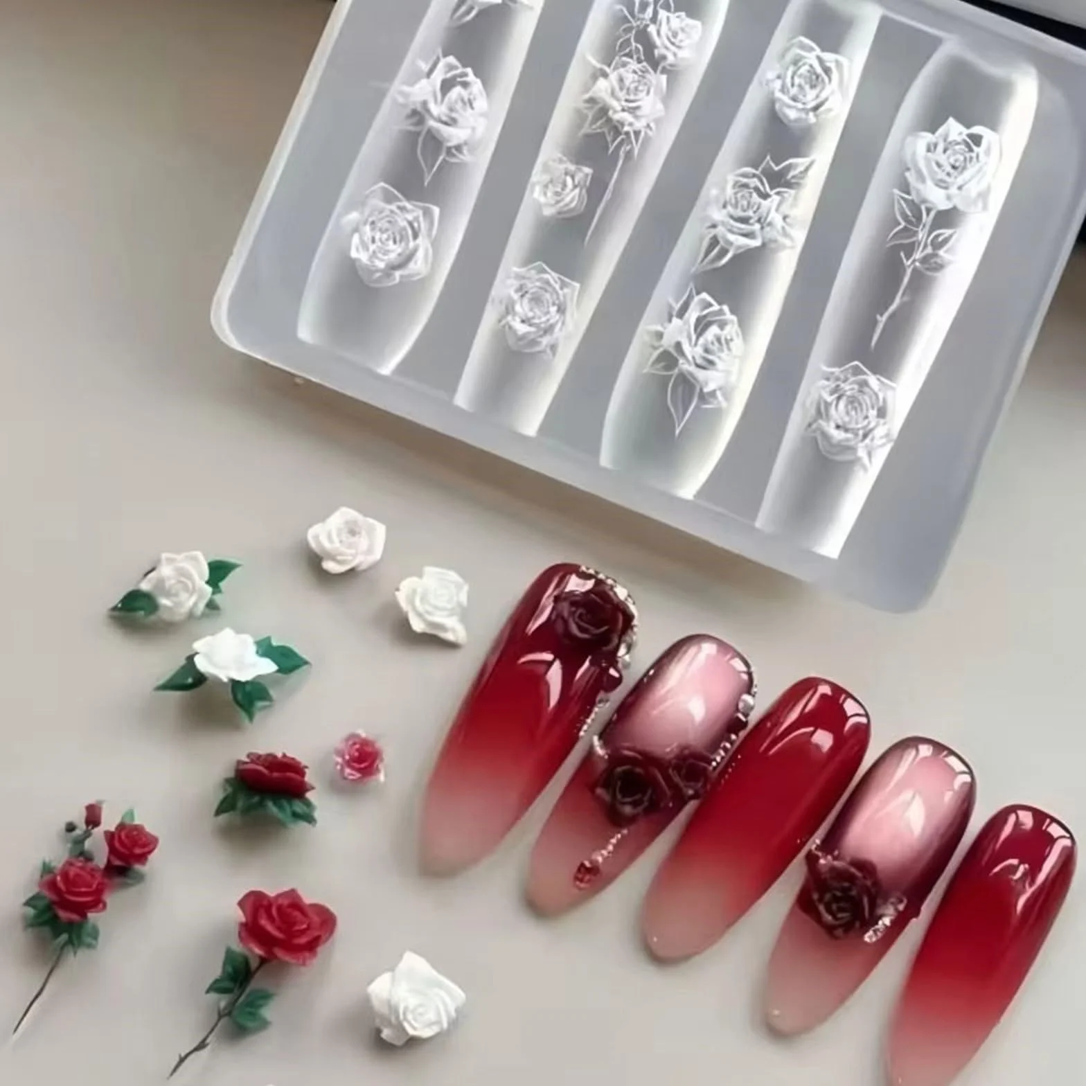Moule multifonction en silicone transparent pour sculpter des ongles en résine florale 3D