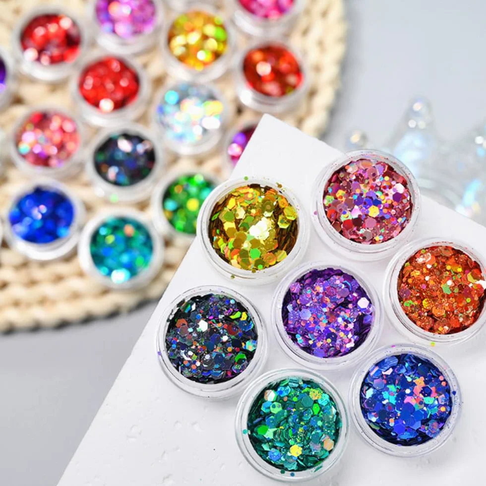Paillettes pour ongles et maquillage yeux, 24 couleurs holographiques épaisses, lot art de l'ongle fête