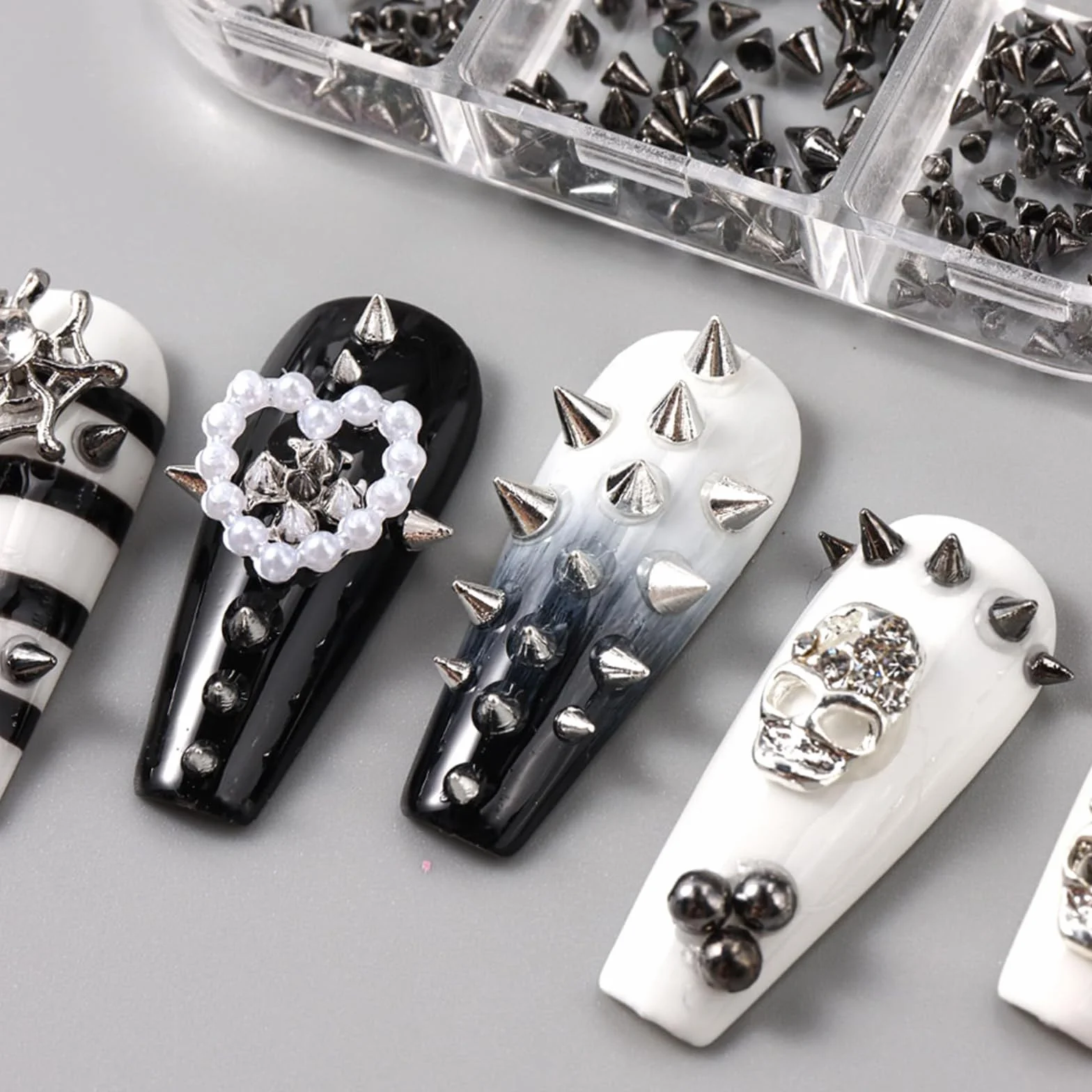 Shimmerz Lot de 6 clous métalliques style punk pour ongles, pendentifs 3D gothiques, bijou en alliage
