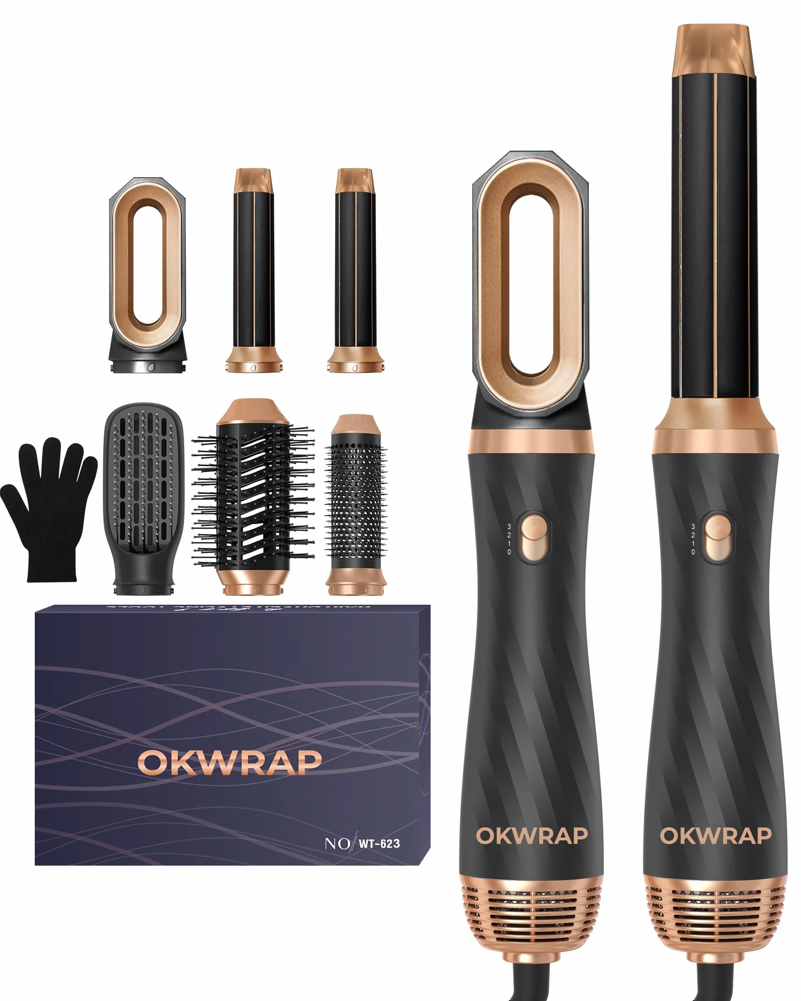 OKWRAP Air Styler 6 en 1 Brosse Soufflante Seche Cheveux Fer a Boucler Set de Coiffure