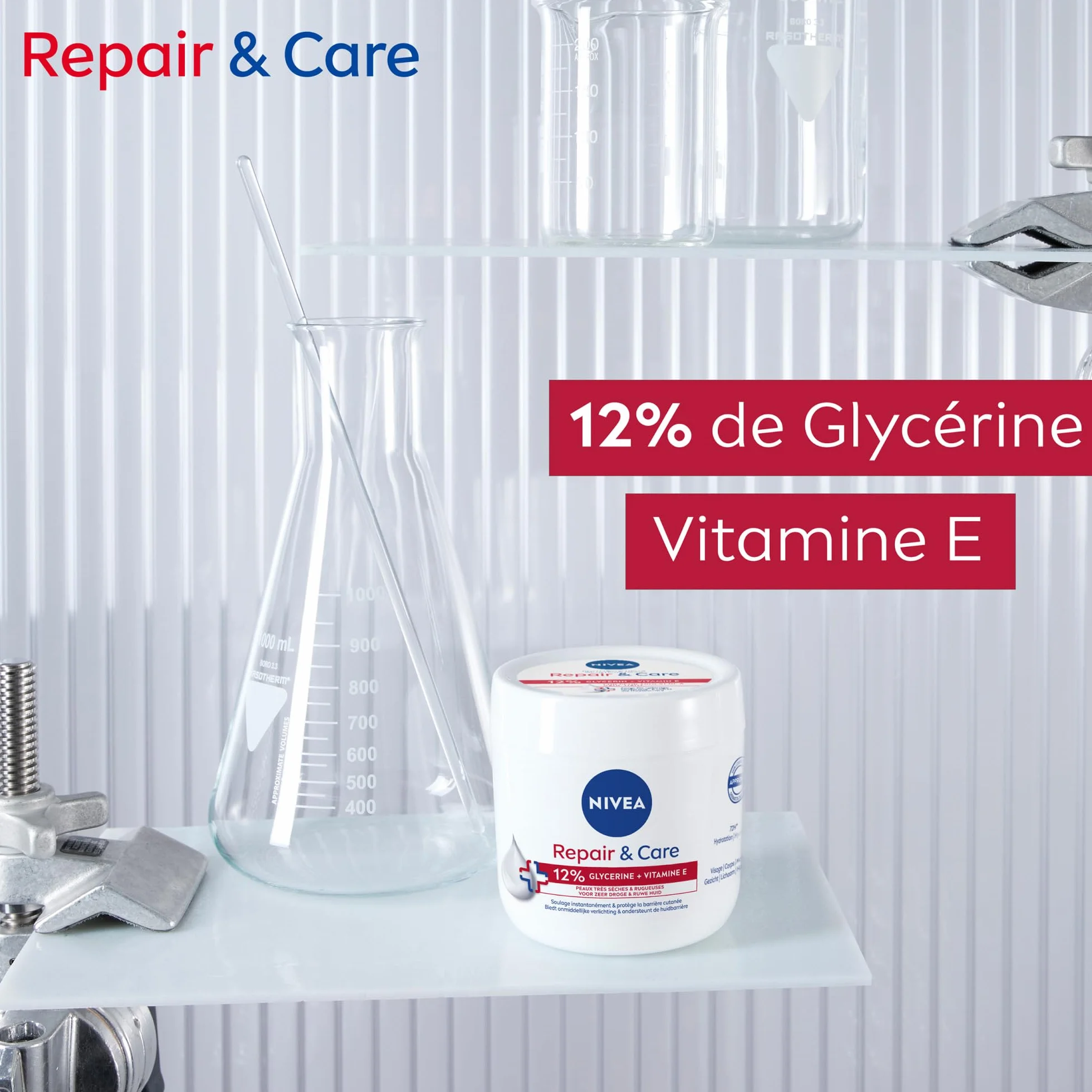 NIVEA REPAIR & CARE Baume Réparateur Visage Corps Mains Peaux Très Sèches 400 ml Crème Vitamine E Glycérine Soin Hydratant 72H