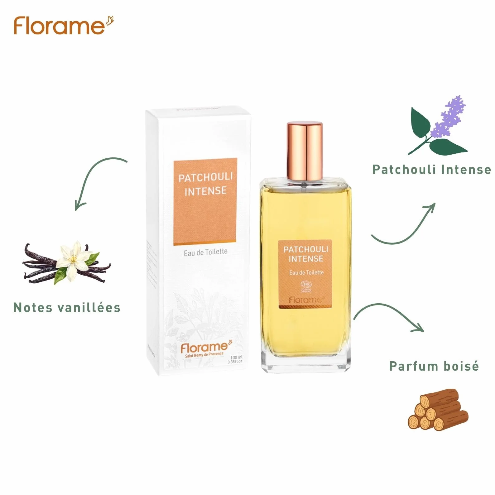 Florame Eau de Toilette Patchouli Intense 100 ml – Notes Chaudes & Boisées – Patchouli, Vanille & Benjoin – Fabriquée en France