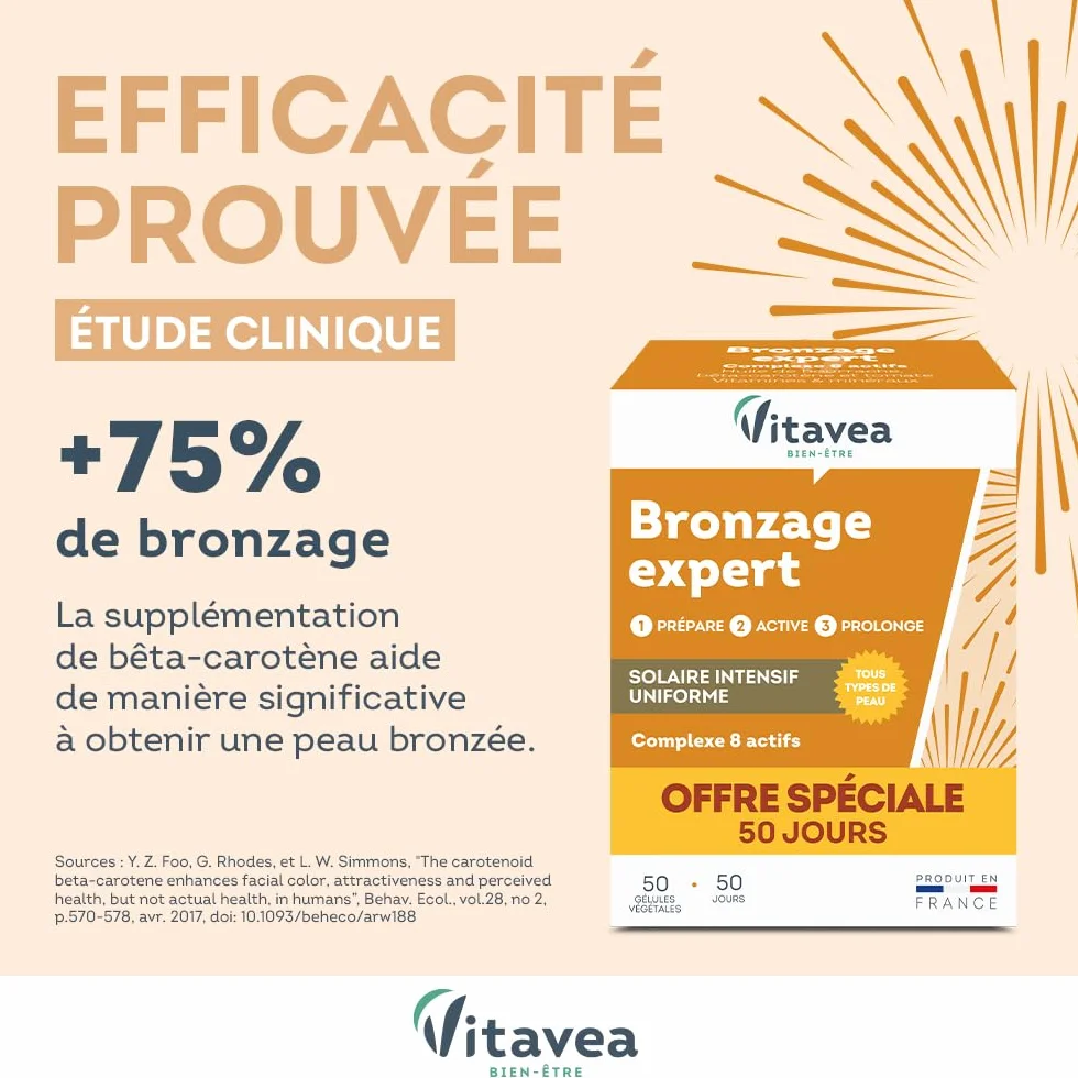 Vitavea Bronzage Expert Prolongateur de Bronzage après Soleil Complément Alimentaire Huile de Bourrache Bêta-Carotène Zinc Vitamine E Cuivre