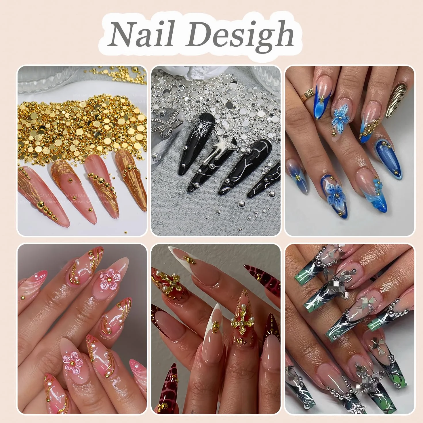 Boîte 3D Flatback Perle Ongle Argent et Or, Demi-Rondes Métal Nail Art