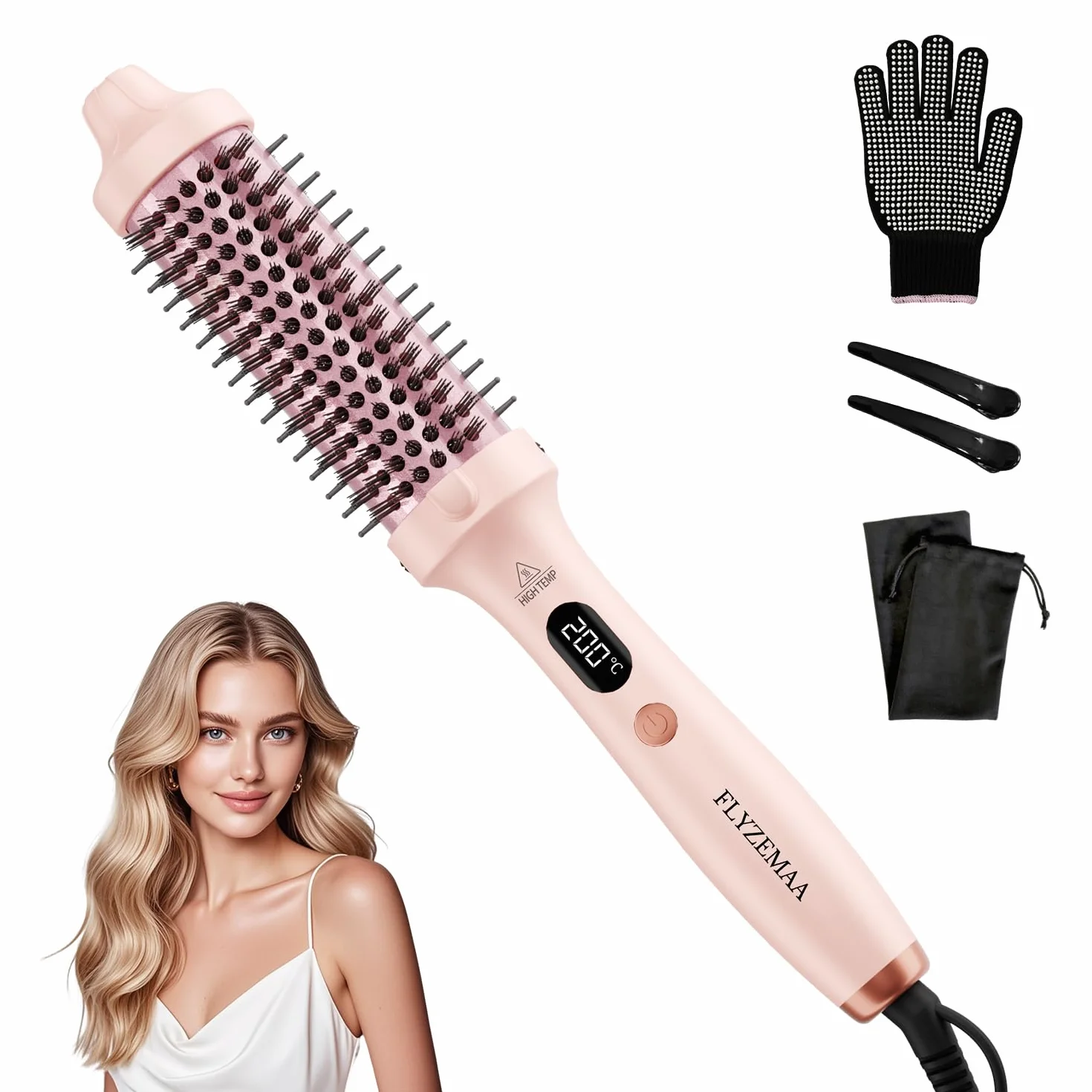 Brosse thermique FLYZEMAA, Thermal Brush 38mm pour des Boucles Naturelles, Brosse Chauffante pour 3 Niveaux de Température, Écran LCD, Double Tension, Prise UE, Rose