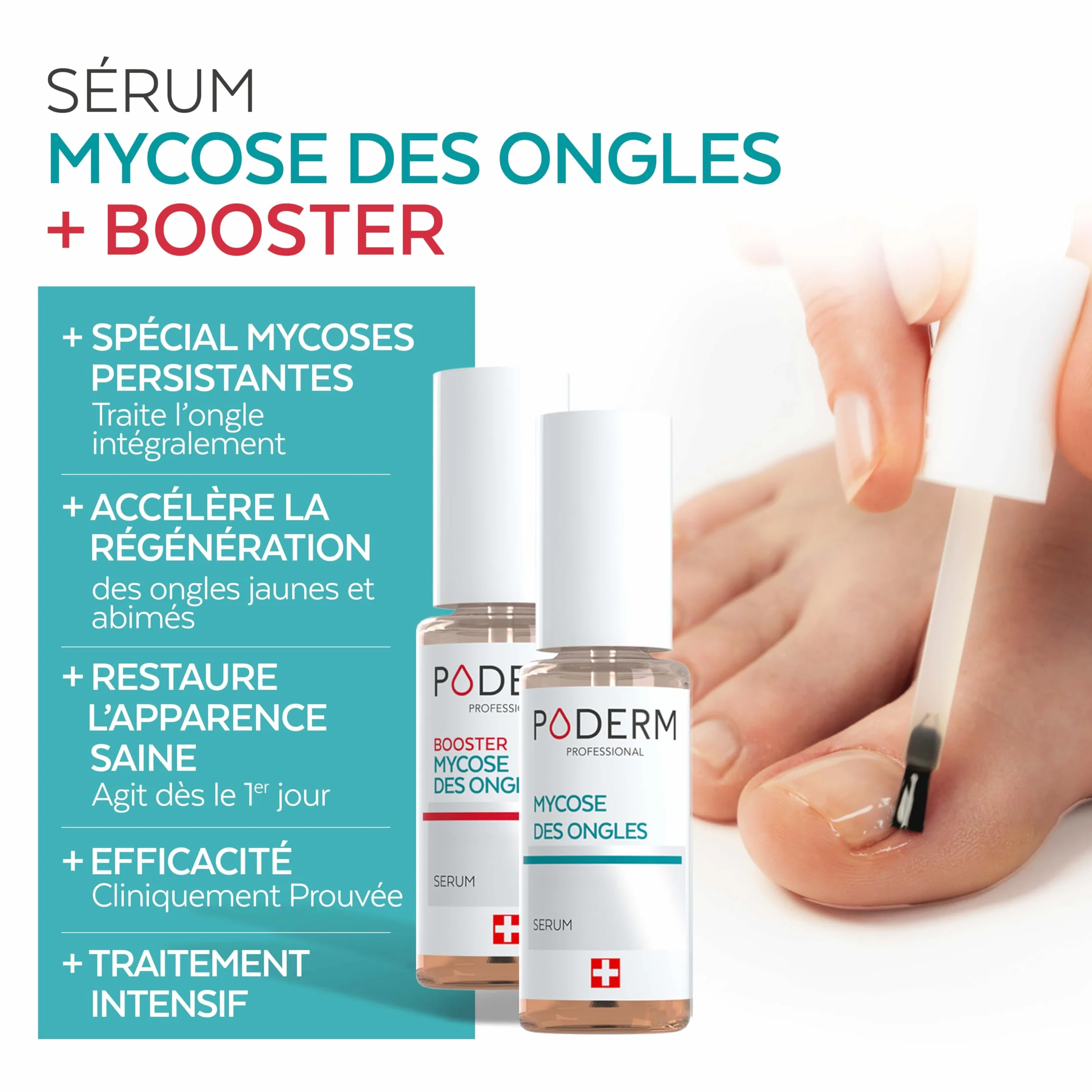 PODERM 2en1 Traitement Mycose Ongles des Pieds Pack Duo Sérum Booster Soin Puissant Rapide Ongles Jaunes Cassants Abîmés 100% Naturel Podologue Suisse
