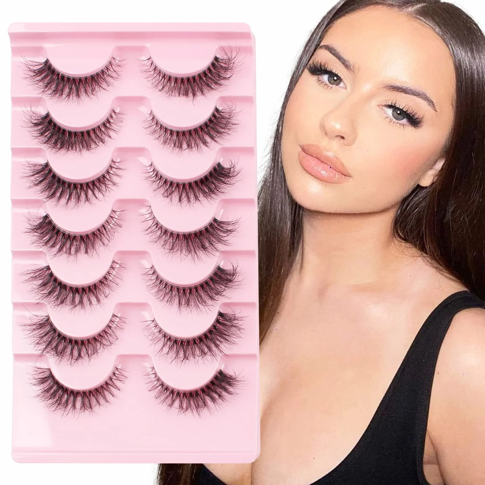 Faux Cils Naturel Bande Transparente Minces 7 Paires 3D Oeil de Chat Reutilisable Cat Eye Fake Lashes Moelleux Mink Fluffy