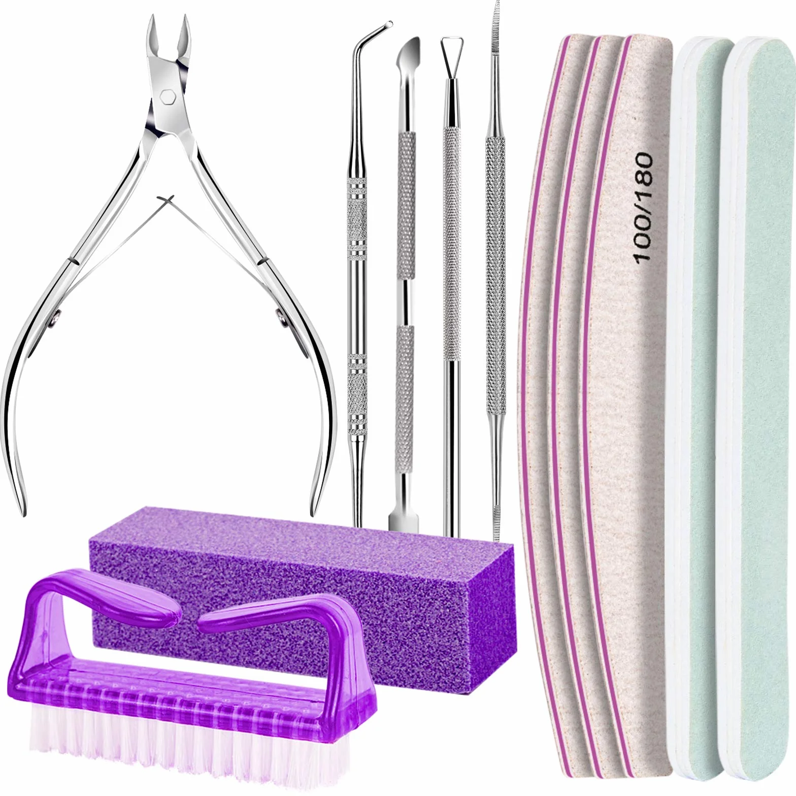 FANDAMEI Lot de 12 Limes à Ongles Professionnelles Pousse Cuticule Métal Coupe-cuticules Brosse à Ongles Violet