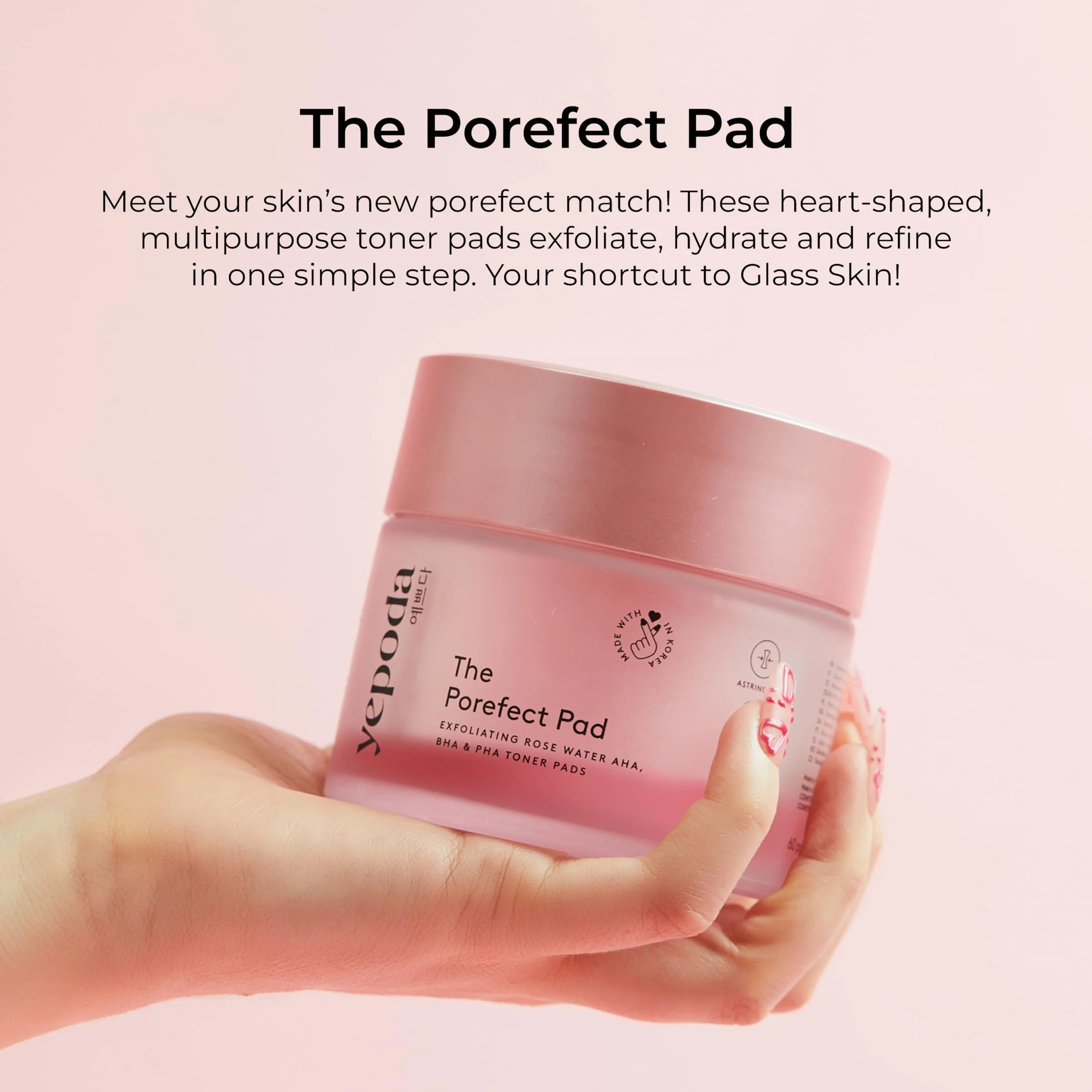 Yepoda The Porefect Pad, tampons toniques exfoliants à l'eau de rose, AHA, BHA & PHA, 60